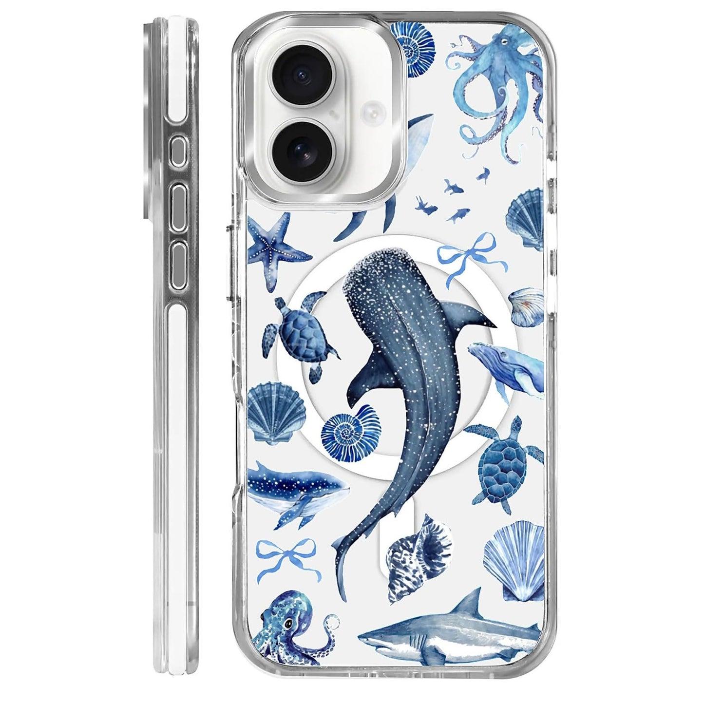 for iPhone 15 Case,Compatible with MagSafe,The Transparent TPU Silicone Protects The Phone Case from Drops, Slips and Fingerprints.Blue Ocean Whale Shark Octopus Turtle Collage