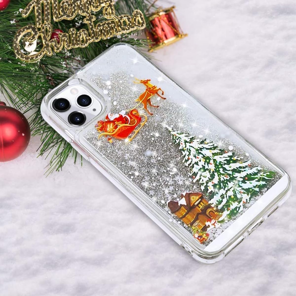 Changjia Glitter Christmas Case for iPhone 17, Cute Christmas Tree Santa Elk Liquid Flowing Floating Moving Bling Sparkle Clear Bumper Shockproof Women Girls Slim Phone Case for iPhone 17 6.3", Silver