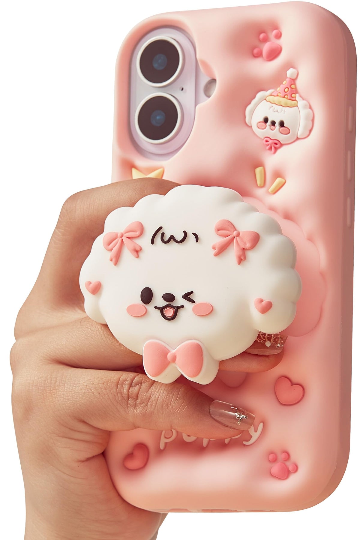 for iPhone 17 Pro Max Case, Kawaii Teddy Bear Pop-Up Grip for Girls | Makes Mirror Selfies Sweeter, Cute Girly 3D Animal Style with Stand, Soft Silicone Drop Protection