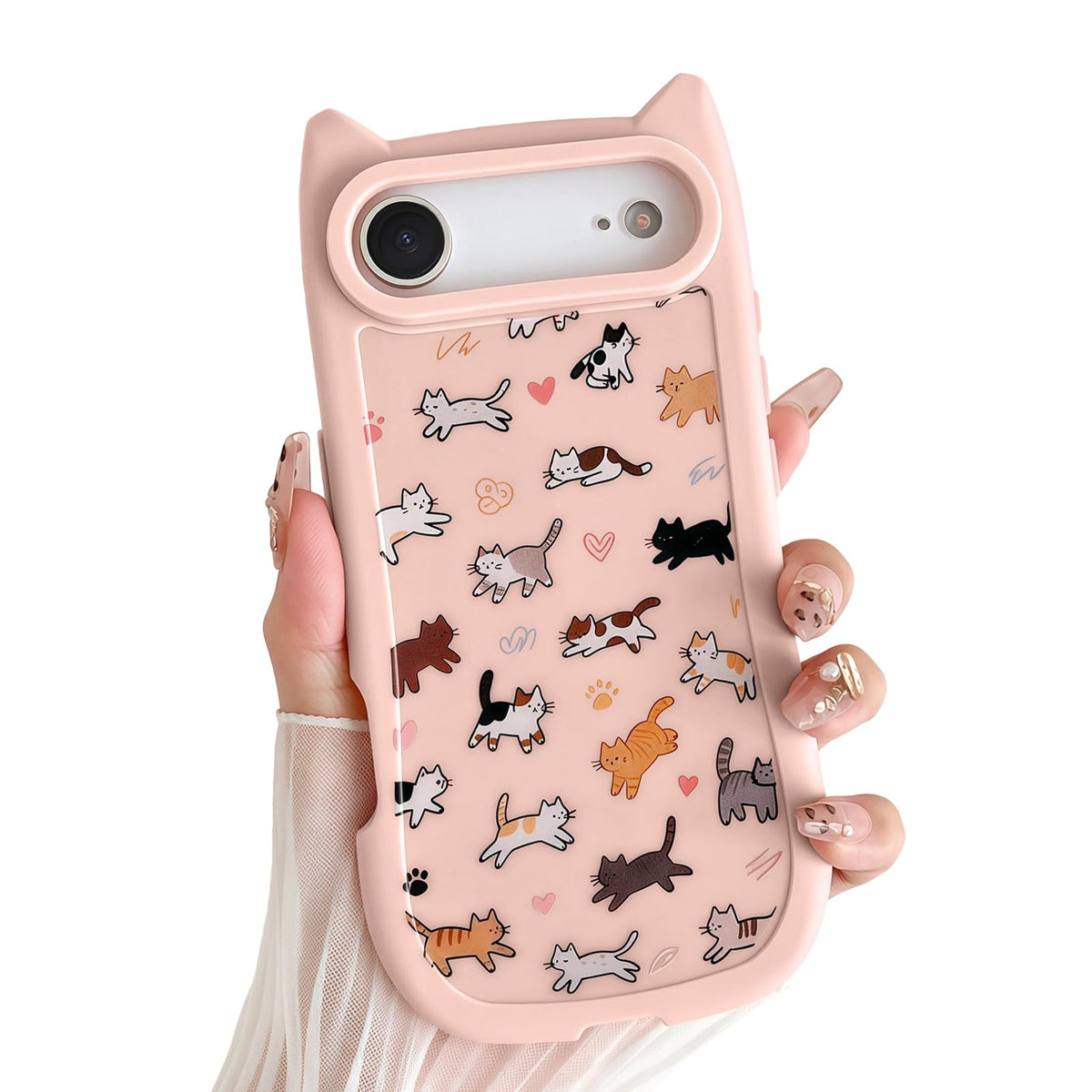 for iPhone 13 Phone Case, Cute 3D Cat Ears and Vintage Hand-Drawn Multi-Cats Heart Cartoon Pattern, with Cat Paw Buttons, Trendy Shockproof Soft Protective Phone Cover, Cat Ears