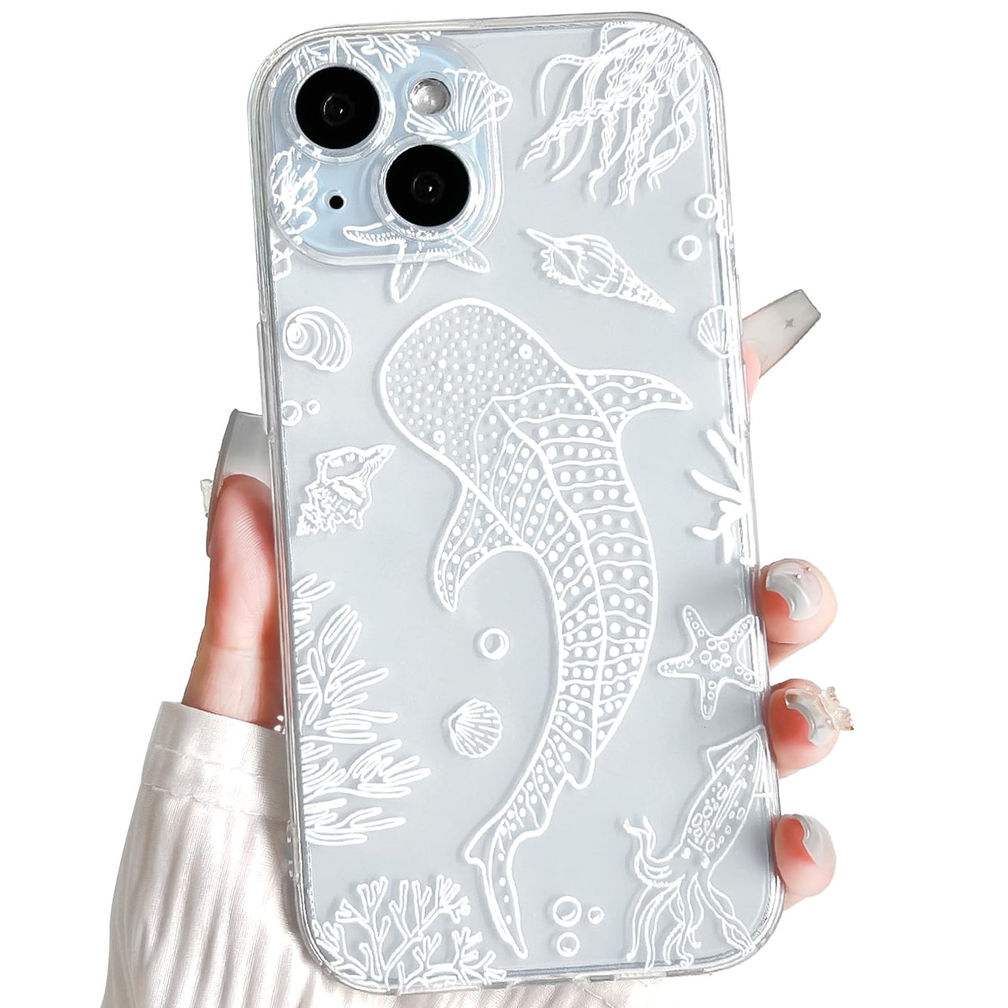 NITITOP Compatible with iPhone 15 Case Clear Sea - White Turtle | Cute, Shell whale ocean animal, For women men girls boys, Slim, Soft TPU, Shockproof