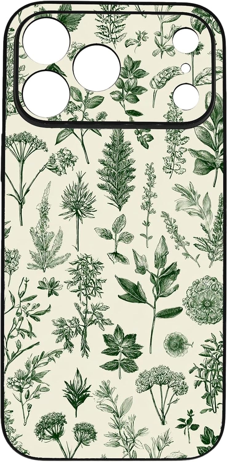 Vintage Green Herb Botanical Leaf Sketch Nature Phone Case, Shockproof Protective Cover for iPhone 11 12 13 14 15 16 17 Pro Max Plus Mini XR 7 8 SE