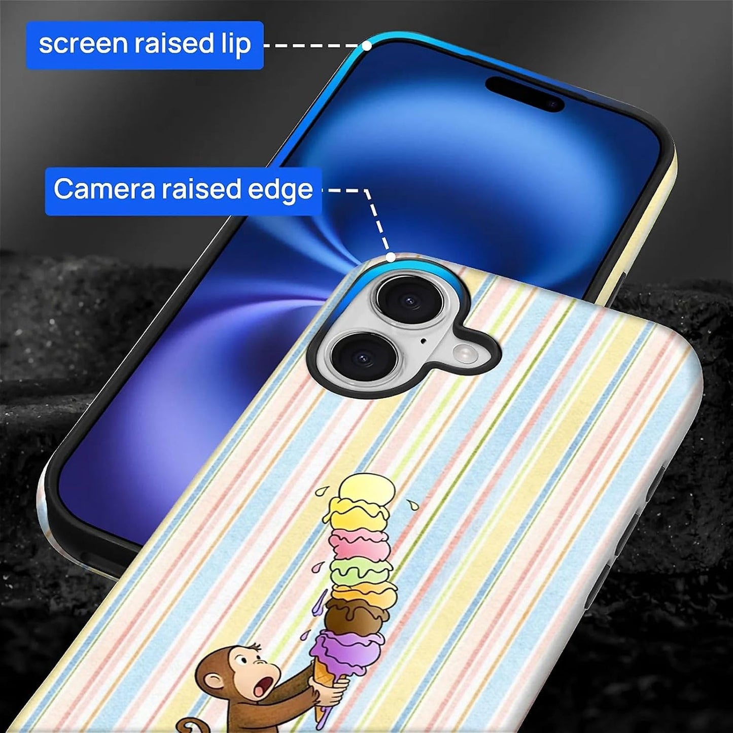 Case Compatible with iPhone 17, Girl Hybrid 2-Layer Hard Shell + Silicone Protective Case -Scratch-Resistant Shockproof - Colorful Stripes A Monkey Eating Ice Cream