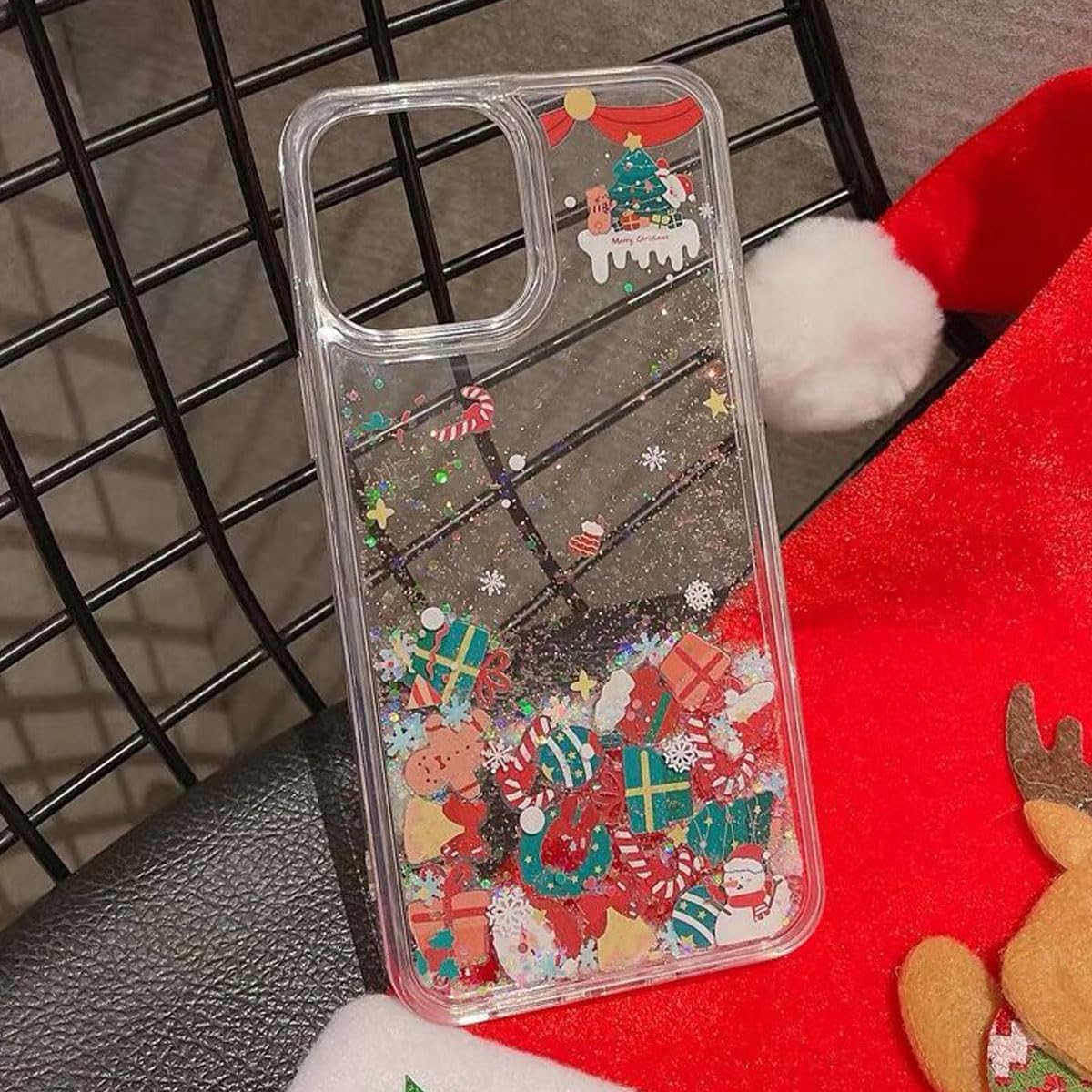 Glitter Flowing Liquid Christmas Case for iPhone 16 Christmas Pattern Santa Reindeer Snowman Holiday Design Floating Moving Sparkle Bling Glitter Transparent for iPhone 16 (Clear)