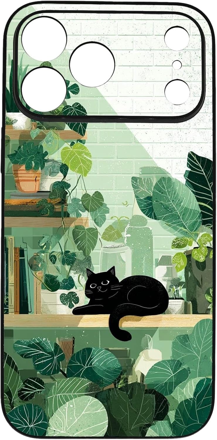 Lush Tropical Monstera Leaves Black Cat Botanical Art Phone Case, Shockproof Protective Cover for iPhone 11 12 13 14 15 16 17 Pro Max Plus Mini XR 7 8 SE