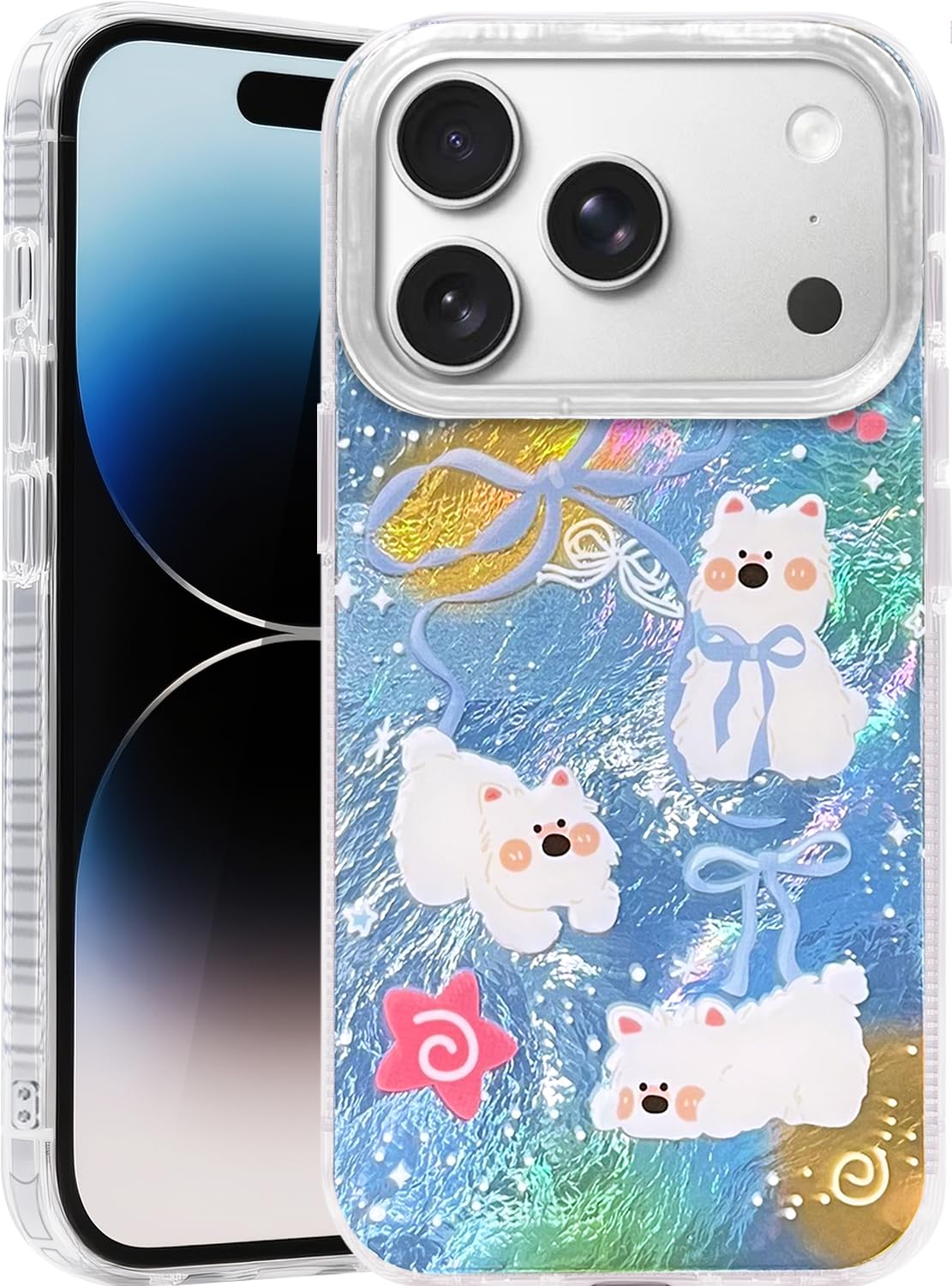 Compatible with iPhone 17 Case,with [Soft Slim][Camera Protection] Cute Fishing Cats Shiny Aesthetic Phone Cover Anti-Yellowing Shockproof Protective Cover for Women Girl