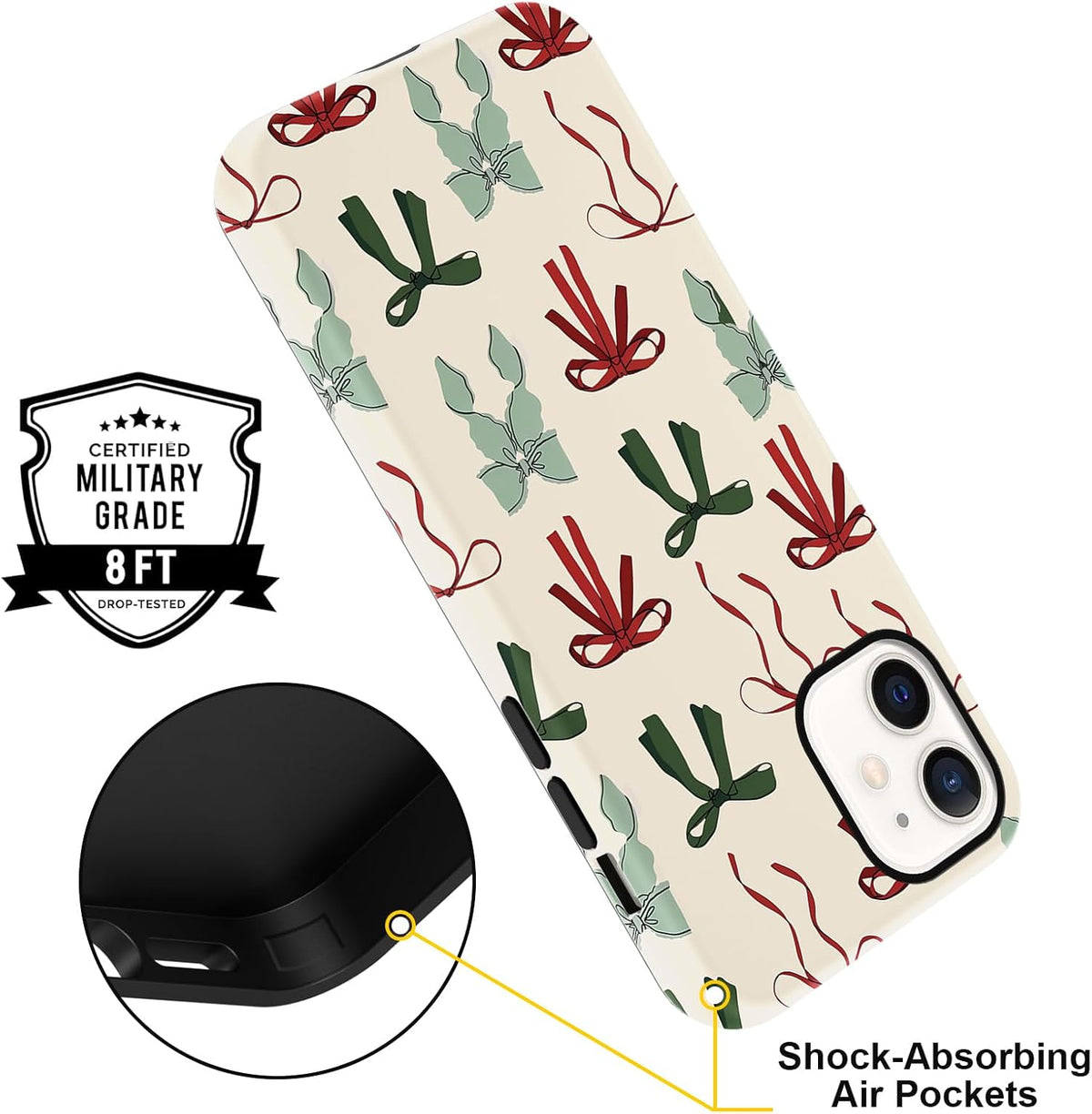 Cute Christmas Bow Phone Case for iPhone 12/12 Pro Case 6.1", Red Green Aesthetic Coquette Preppy Ribbon Bowknot Pattern Design Cover Shockproof Soft TPU Hard PC Protection Girls Women Funda