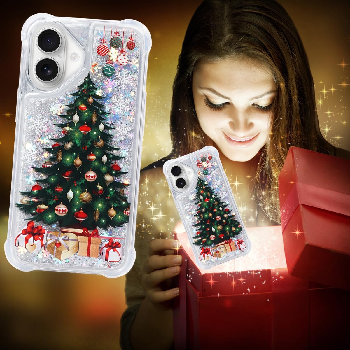 Glitter Christmas Case Compatible with iPhone 16 Bling Sparkle Floating Liquid Luxury Fashion Girly Women Cute Holiday Case for iPhone 16 (Christmas Tree)
