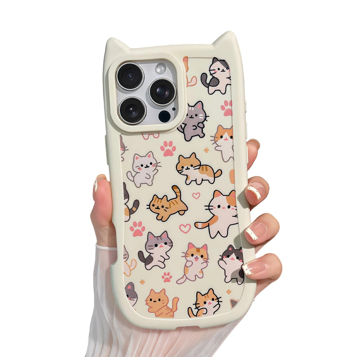 for iPhone 13 Phone Case, Cute 3D Cat Ears and Vintage Hand-Drawn Multi-Cats Heart Cartoon Pattern, with Cat Paw Buttons, Trendy Shockproof Soft Protective Phone Cover, Cat Ears