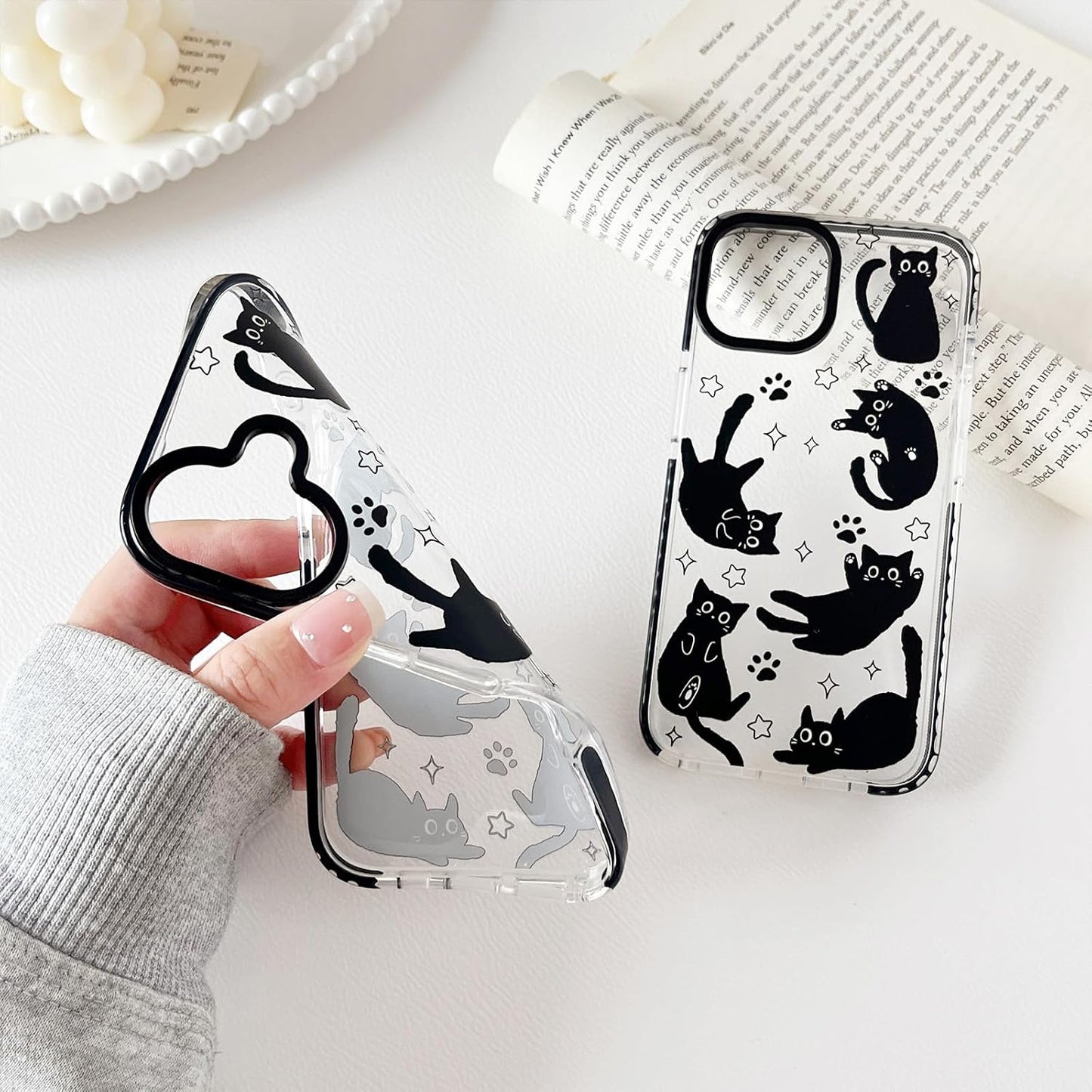 Compatible with iPhone 13 / iPhone 14 Case,Clear Cute Black Cat Pattern with Shockproof Slim Soft TPU Protective Phone Case for Women