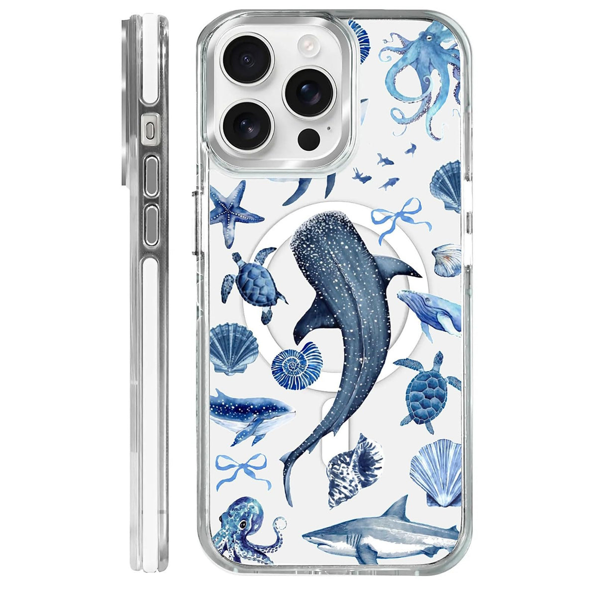 for iPhone 15 Case,Compatible with MagSafe,The Transparent TPU Silicone Protects The Phone Case from Drops, Slips and Fingerprints.Blue Ocean Whale Shark Octopus Turtle Collage