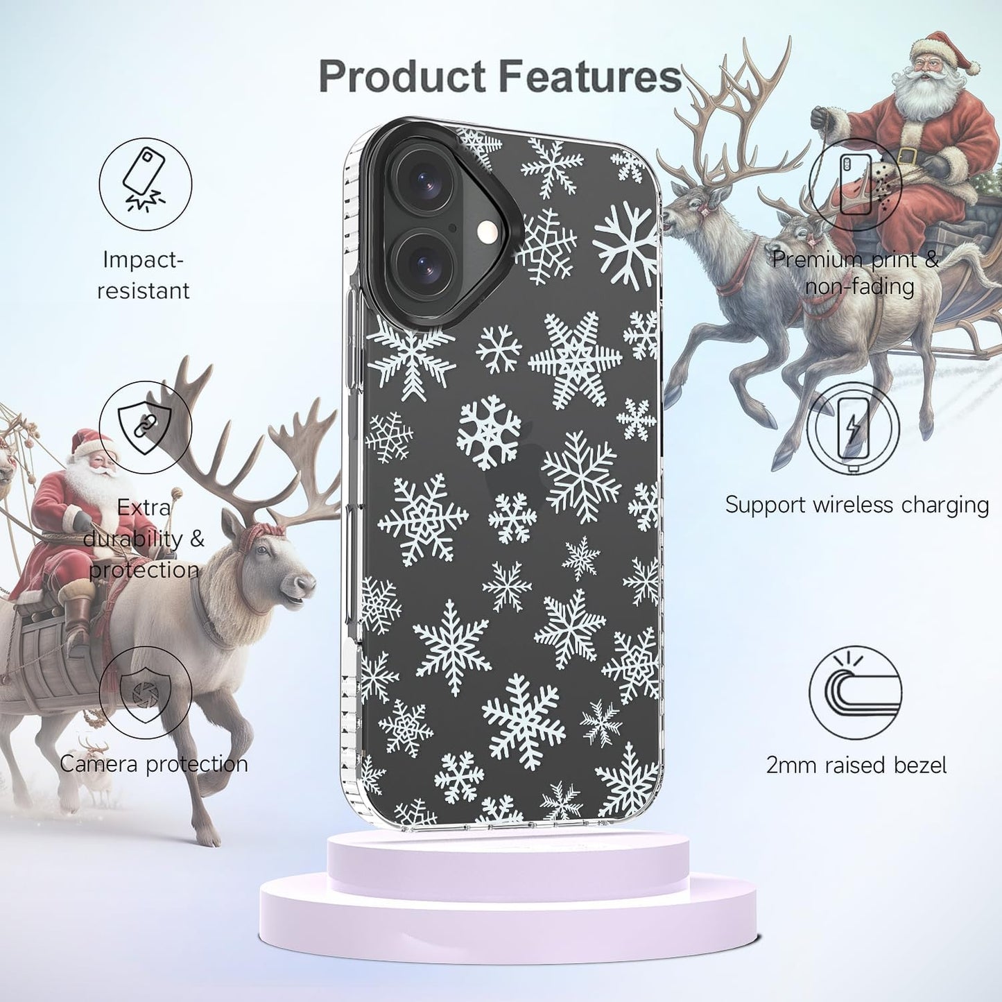 Christmas Phone Case Compatible for iPhone 16 Snowflake Case Clear TPU + Black Camera Frame Protection Winter Phone Cover for Women