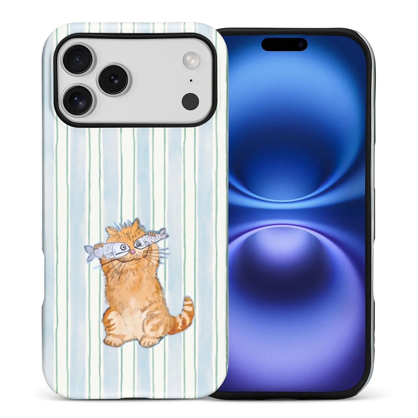 for iPhone 15 Pro Case,Hybrid 2-Layer Hard Shell + Silicone Protective Case -Resistant Shockproof- A Naughty Cat with Blue Stripes Eating Fish