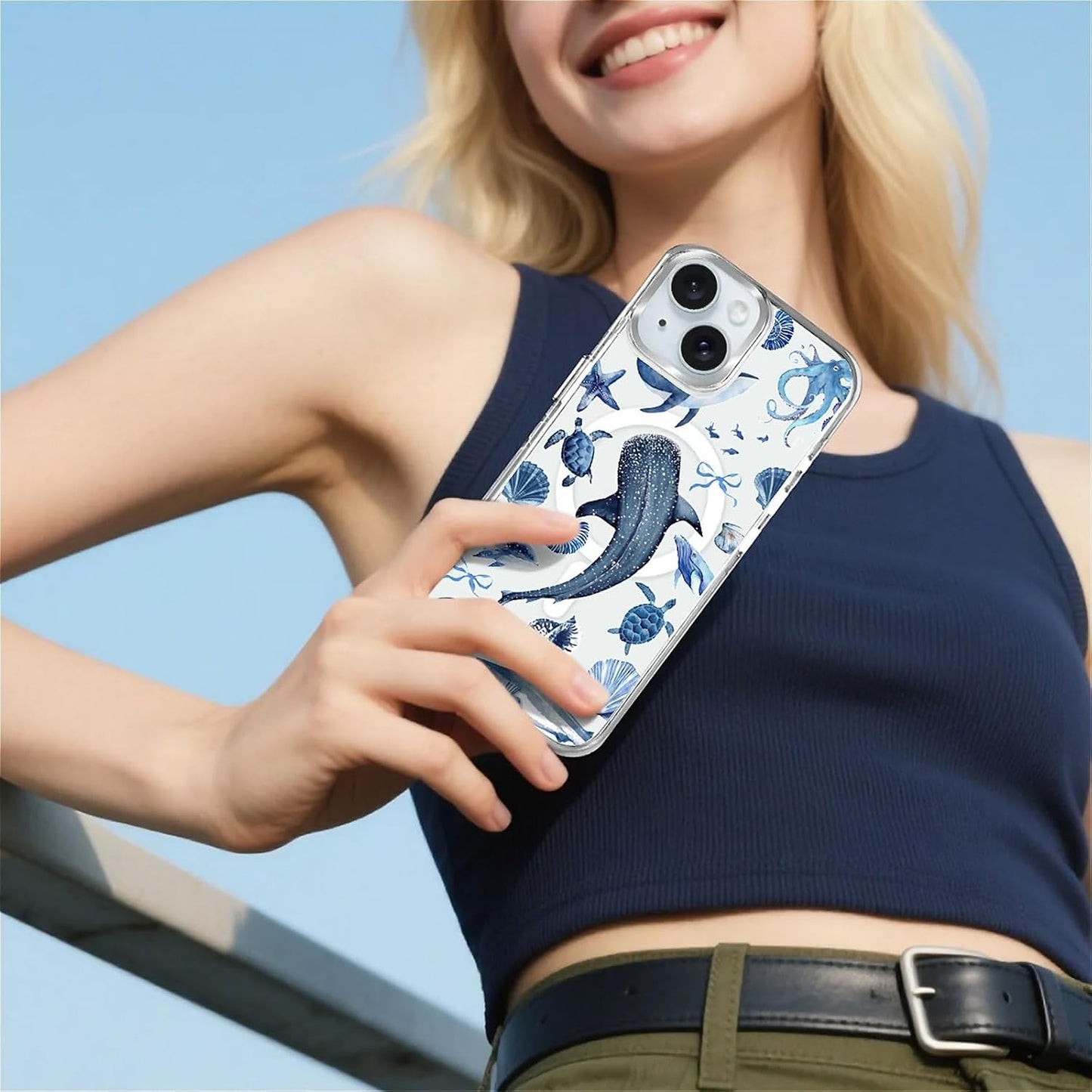 for iPhone 15 Case,Compatible with MagSafe,The Transparent TPU Silicone Protects The Phone Case from Drops, Slips and Fingerprints.Blue Ocean Whale Shark Octopus Turtle Collage
