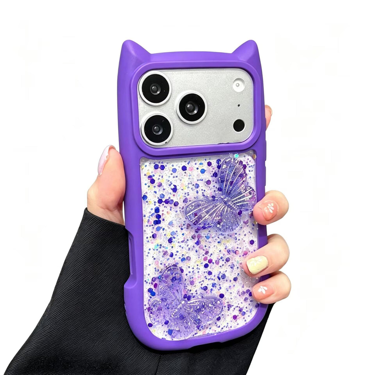 Compatible with 17 Case Cute Kawaii 3D Cat Ears Clear Glitter Shiny Bling Sparkly Soft Silicone Shockproof Protective Phone Case Cover for Girls Women-Transparent