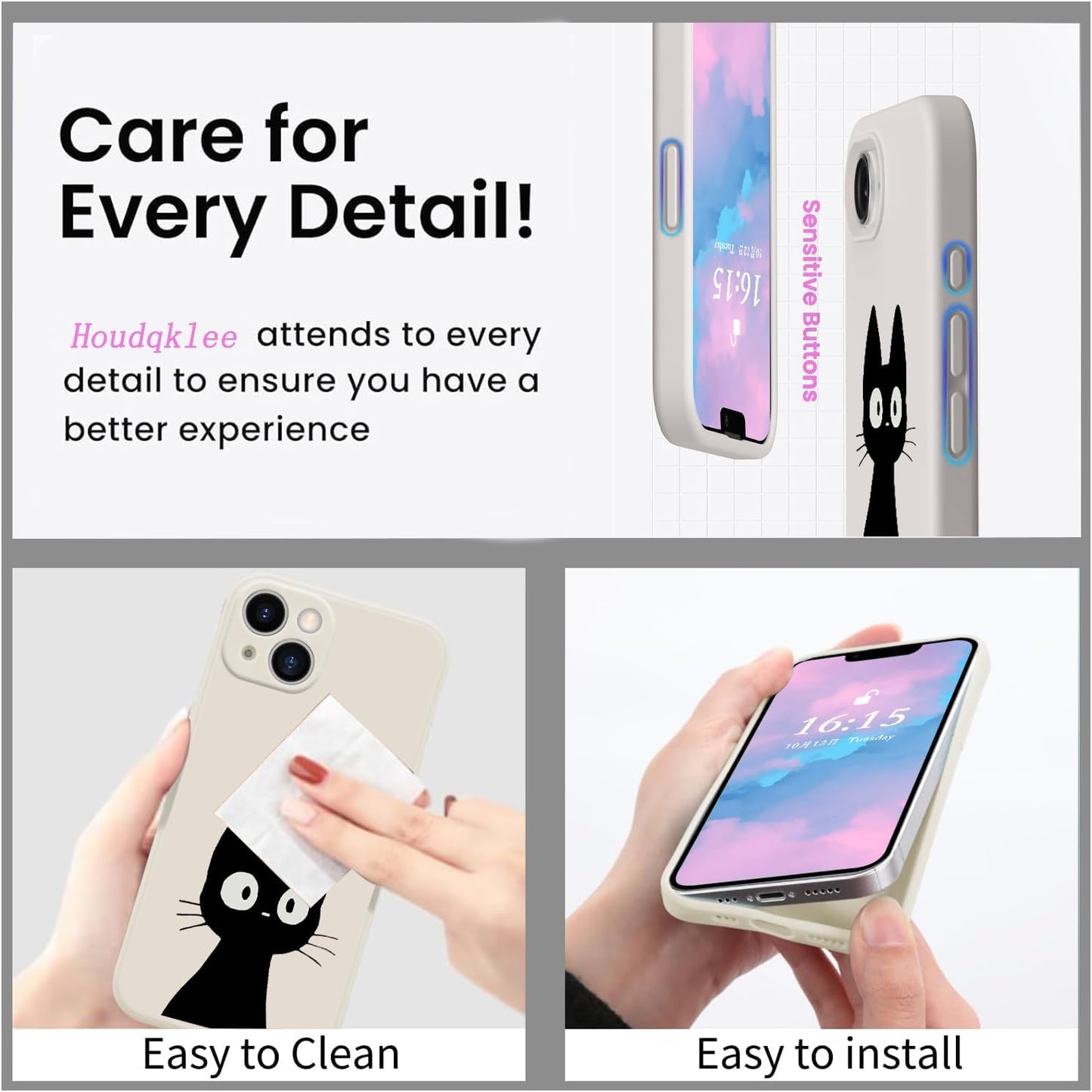 Funny Cat Case for iPhone 13, Cute Cartoon Black Cat Phone Case Cover Liquid Silicone Soft Gel Rubber Phone Cover with Microfiber Lining for iPhone 13