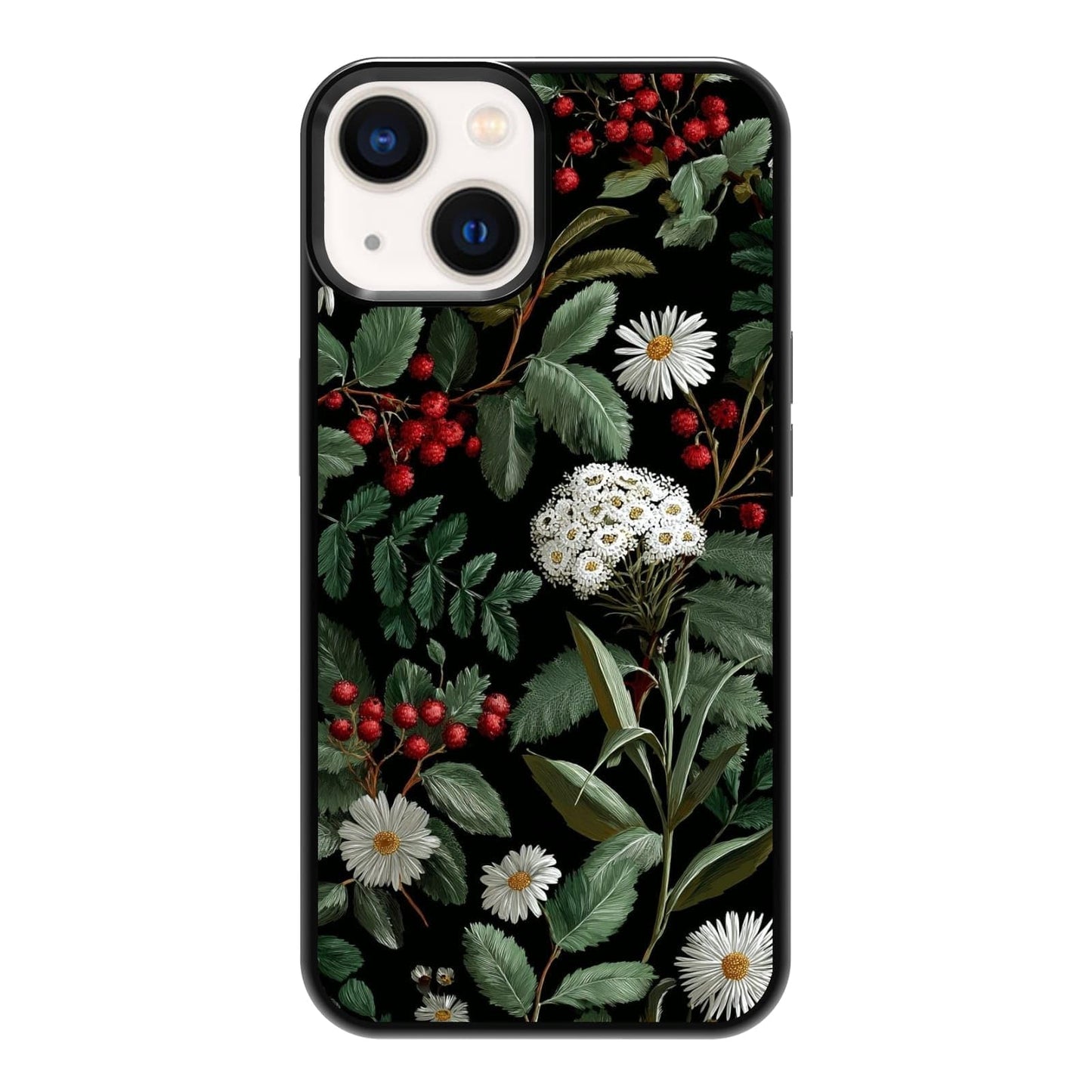 Dark Botanical Wildflower Forest Green Leaf White Blossom Nature Art Phone Case, Shockproof Protective Cover for iPhone 11 12 13 14 15 16 17 Pro Max Plus Mini XR 7 8 SE