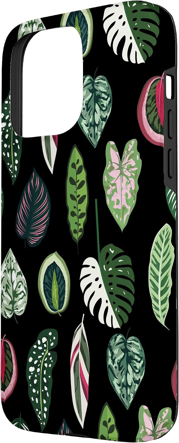 Calathea Varigatea Monstera Plant Leaf Black Case for iPhone 15 Pro Max