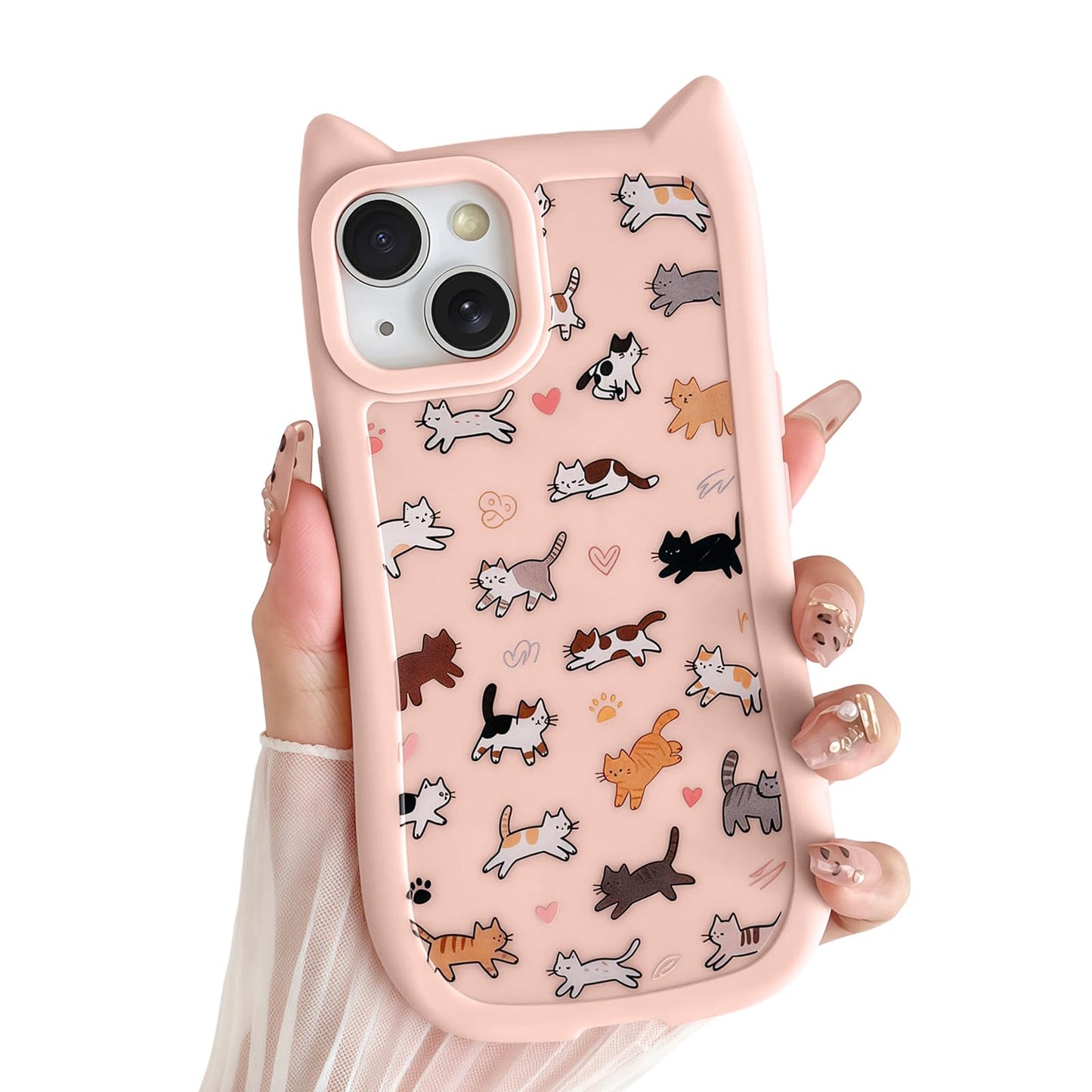 for iPhone 13 Phone Case, Cute 3D Cat Ears and Vintage Hand-Drawn Multi-Cats Heart Cartoon Pattern, with Cat Paw Buttons, Trendy Shockproof Soft Protective Phone Cover, Cat Ears