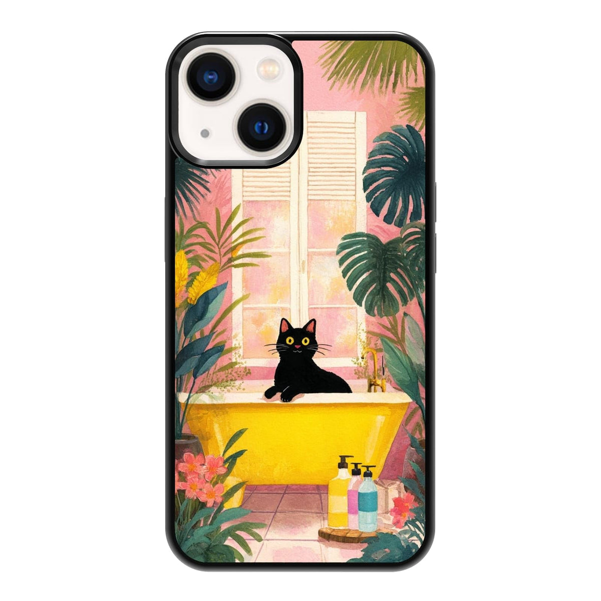 Lush Tropical Monstera Leaves Black Cat Botanical Art Phone Case, Shockproof Protective Cover for iPhone 11 12 13 14 15 16 17 Pro Max Plus Mini XR 7 8 SE
