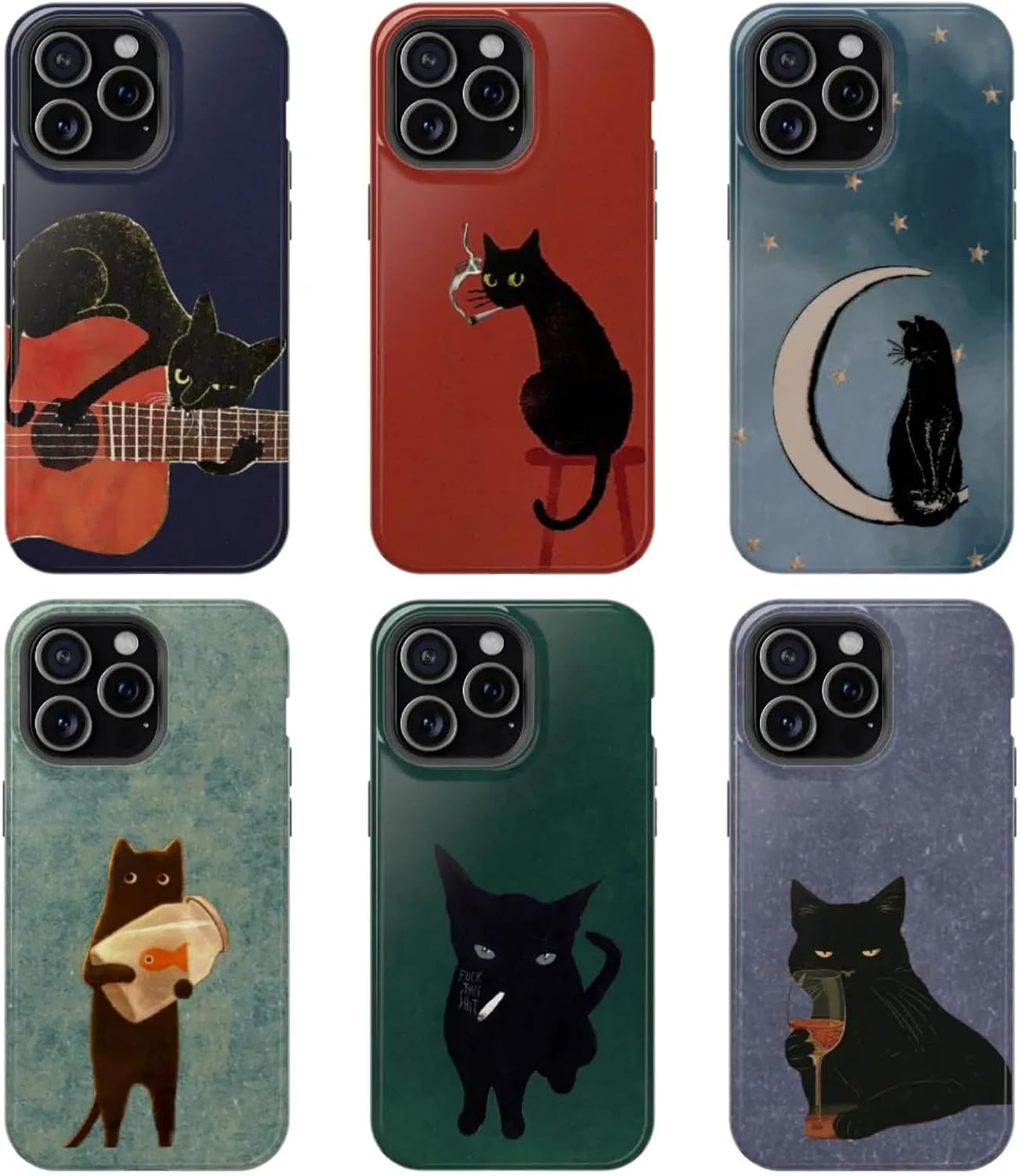 Vintage Black Cat Phone Case for iPhone Samsung, Midnight Aesthetic Design, Shockproof Durable Cover, Trendy Goth Gift for Cat Lovers (Cat with Wine Glass, iPhone 17)