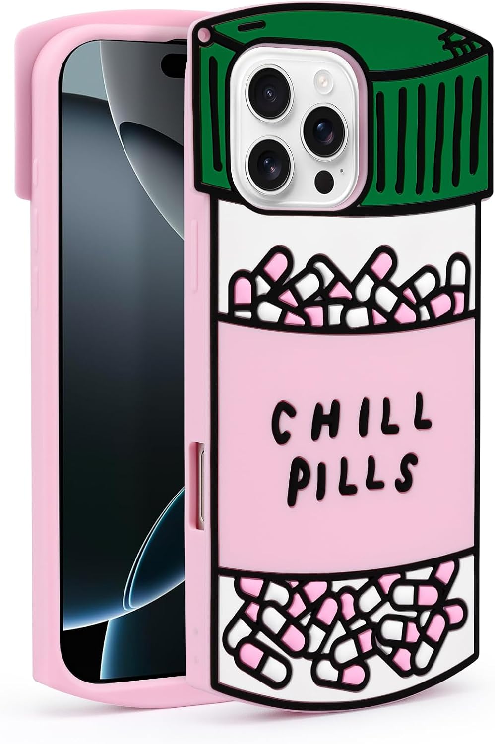 Dumkery Cute Case Compatible with iPhone 16 Pro Max Chill Pills Case, Girly Capsule Bottle Shape, 3D Soft Silicone Heavy Duty Protection Shockproof Cases Cover for Girls Women Multicolor