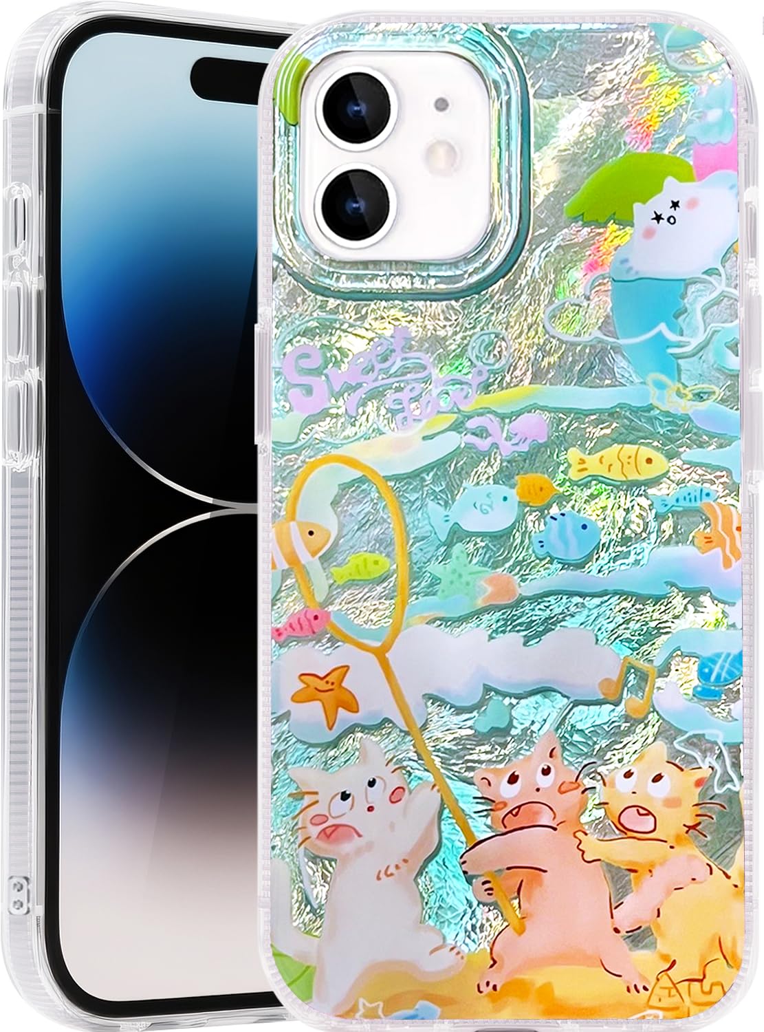 Compatible with iPhone 17 Pro Case,with [Soft Slim][Camera Protection] Cute Fishing Cats Shiny Aesthetic Phone Cover Anti-Yellowing Shockproof Protective Cover for Women Girl