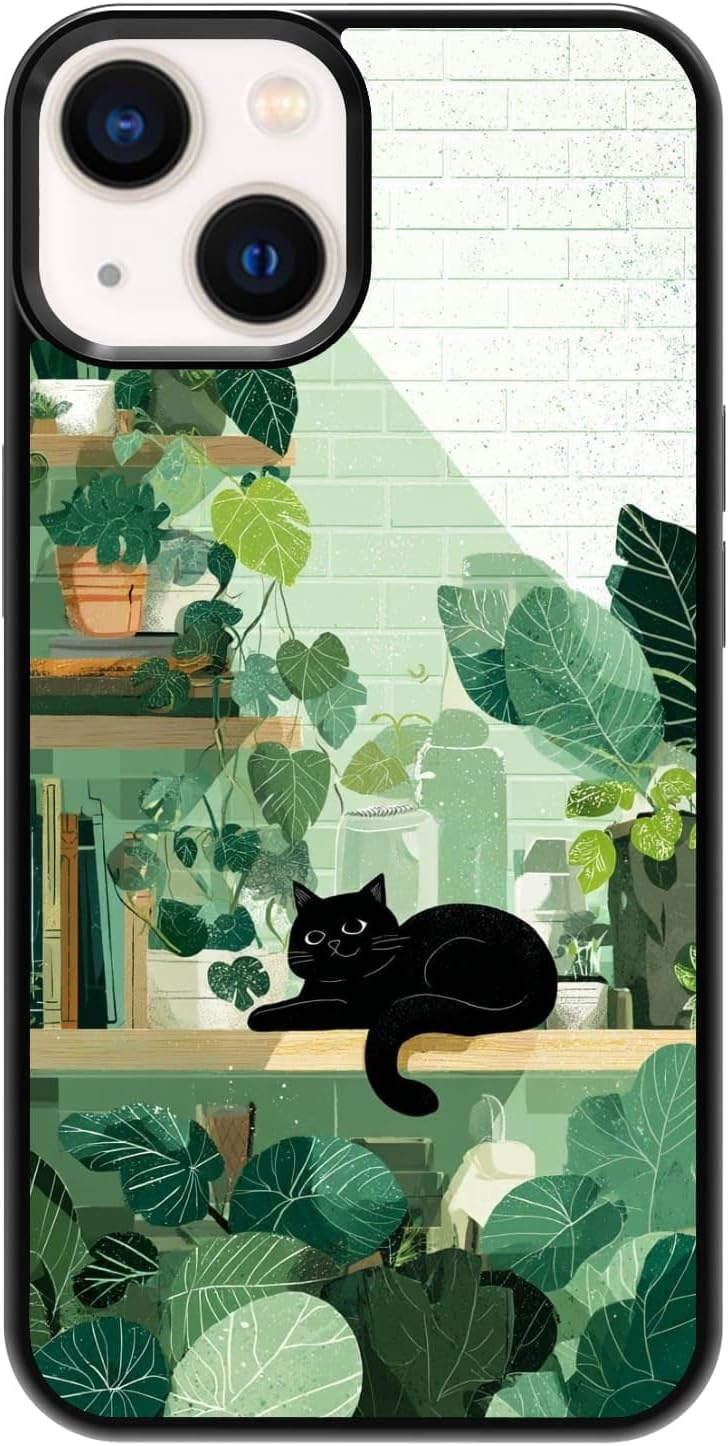 Lush Tropical Monstera Leaves Black Cat Botanical Art Phone Case, Shockproof Protective Cover for iPhone 11 12 13 14 15 16 17 Pro Max Plus Mini XR 7 8 SE