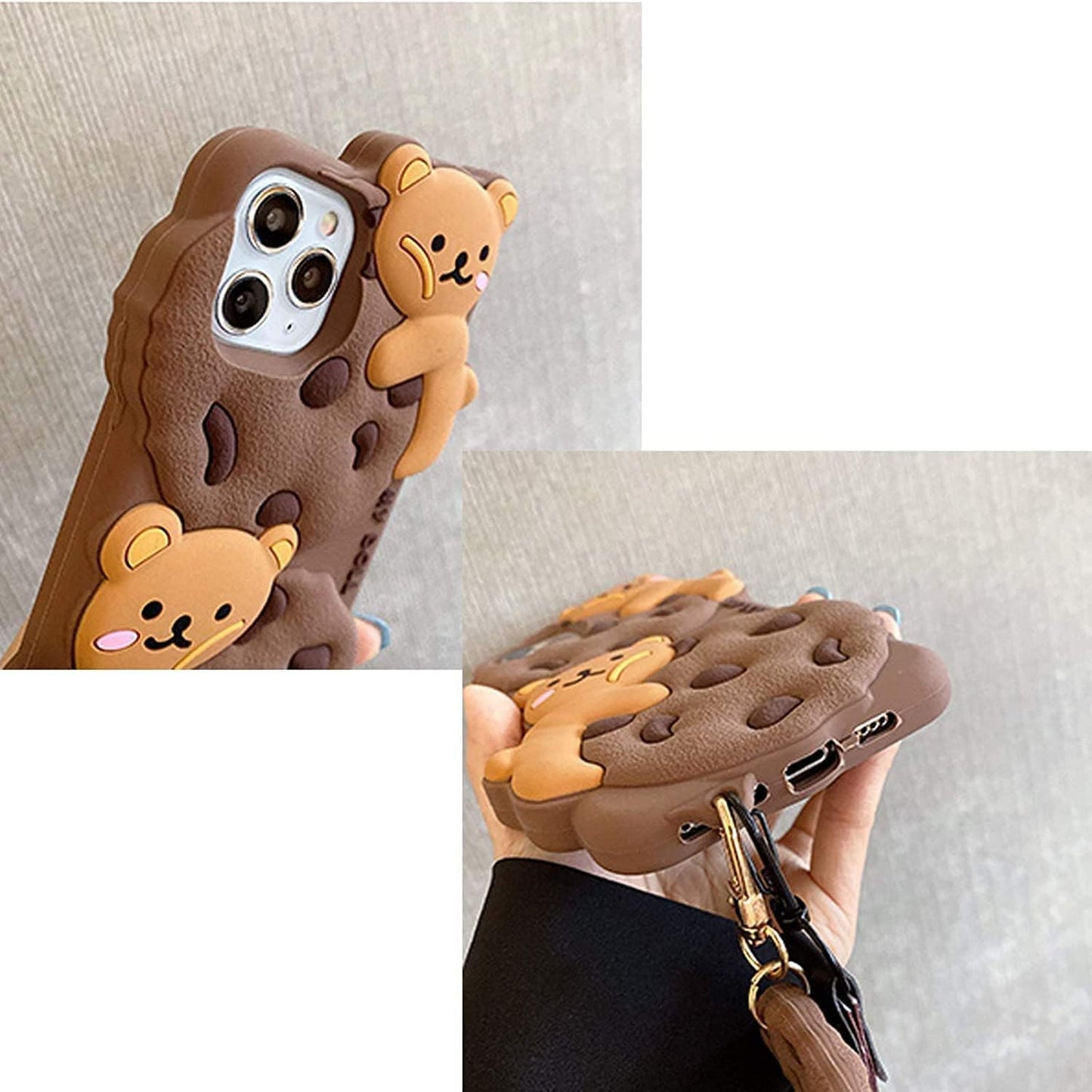 Case for iPhone 13 with Strap Lanyard Keychain Cute Bear Cookie Kawaii Funny Soft Silicone Shockproof Protective Cover for Women Girls