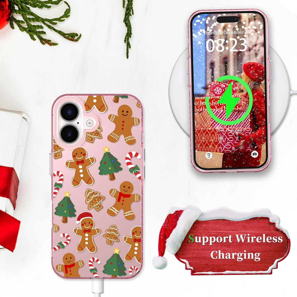for iPhone 16 Plus Christmas Case Cute - Gingerbread Man/Pink | Gingerbread Man Tree Girly Women Girls Kids Snowflakes Candy Winter Holiday Festival Gifts Trendy Glossy Protective Cover