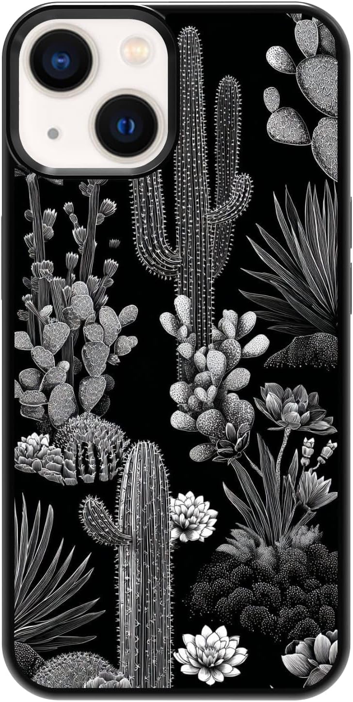 Vintage Black and White Botanical Cactus Agave Desert Nature Phone Case, Shockproof Protective Cover for iPhone 11 12 13 14 15 16 17 Pro Max Plus Mini XR 7 8 SE