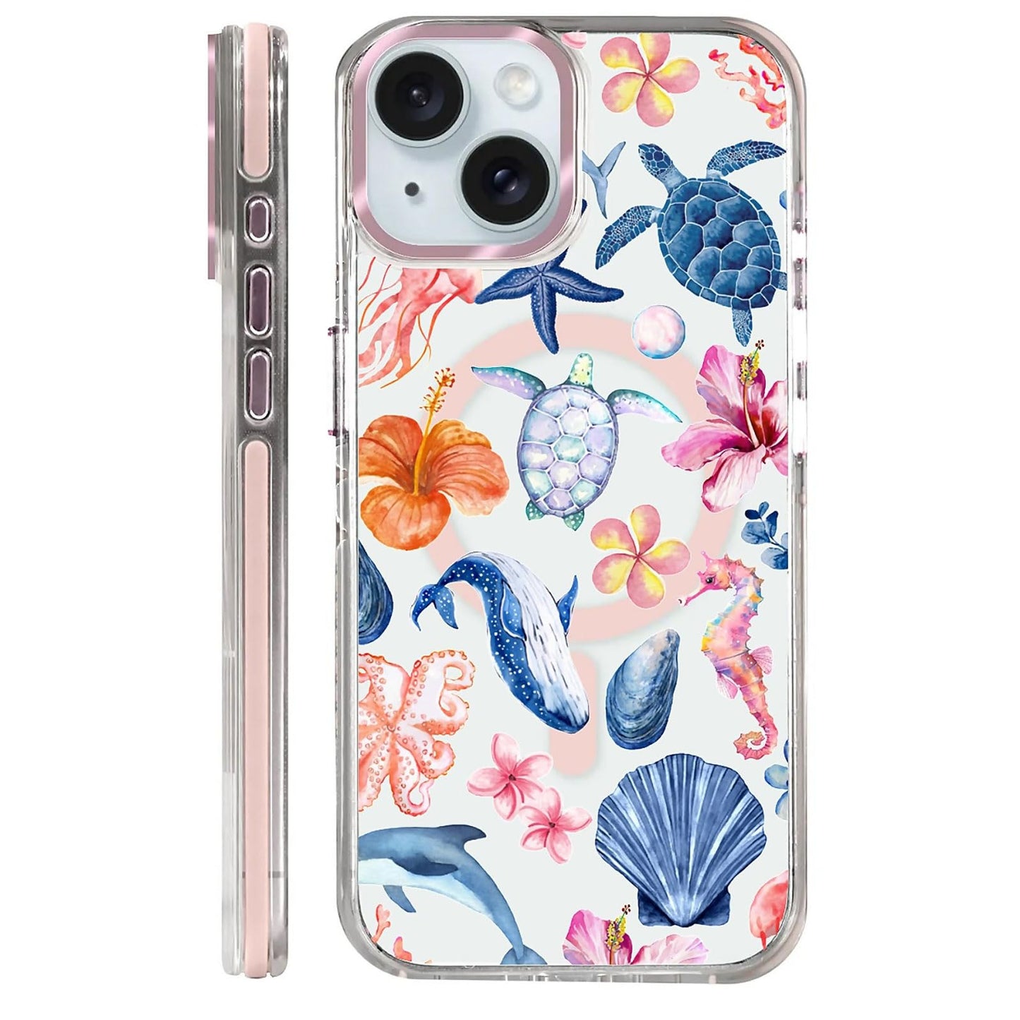 for iPhone 15 Case,Compatible with MagSafe,The Transparent TPU Silicone Protects The Phone Case from Drops, Slips and Fingerprints.Blue Ocean Whale Shark Octopus Turtle Collage