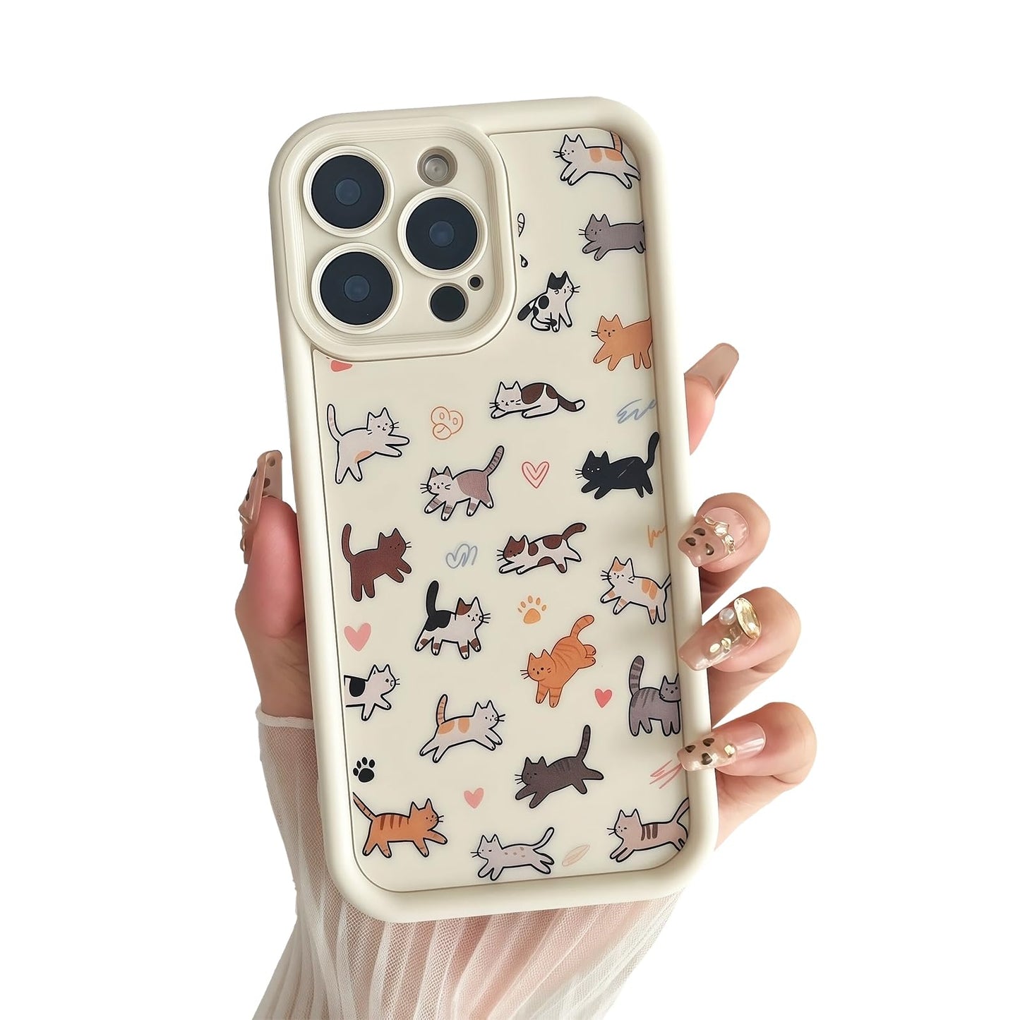 for iPhone 13 Phone Case, Cute 3D Cat Ears and Vintage Hand-Drawn Multi-Cats Heart Cartoon Pattern, with Cat Paw Buttons, Trendy Shockproof Soft Protective Phone Cover, Cat Ears