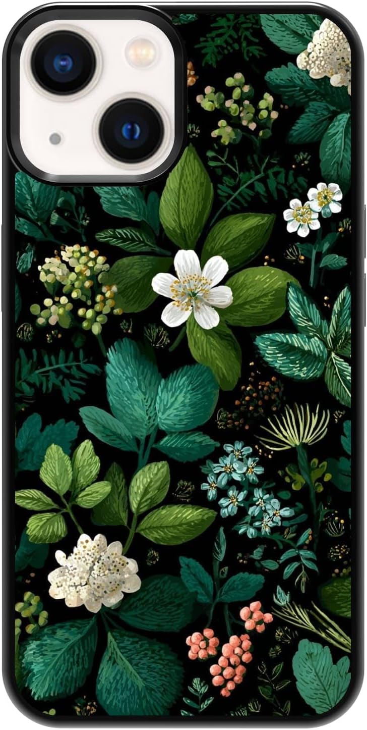 Dark Botanical Wildflower Forest Green Leaf White Blossom Nature Art Phone Case, Shockproof Protective Cover for iPhone 11 12 13 14 15 16 17 Pro Max Plus Mini XR 7 8 SE