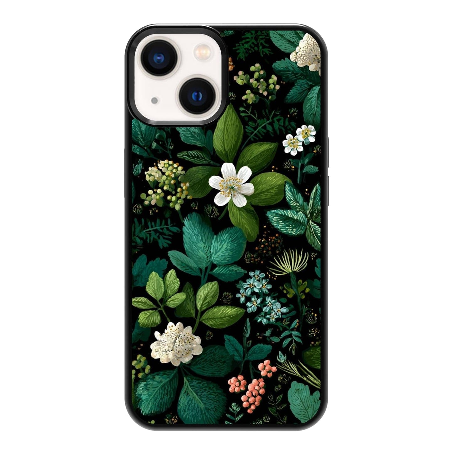 Dark Botanical Wildflower Forest Green Leaf White Blossom Nature Art Phone Case, Shockproof Protective Cover for iPhone 11 12 13 14 15 16 17 Pro Max Plus Mini XR 7 8 SE