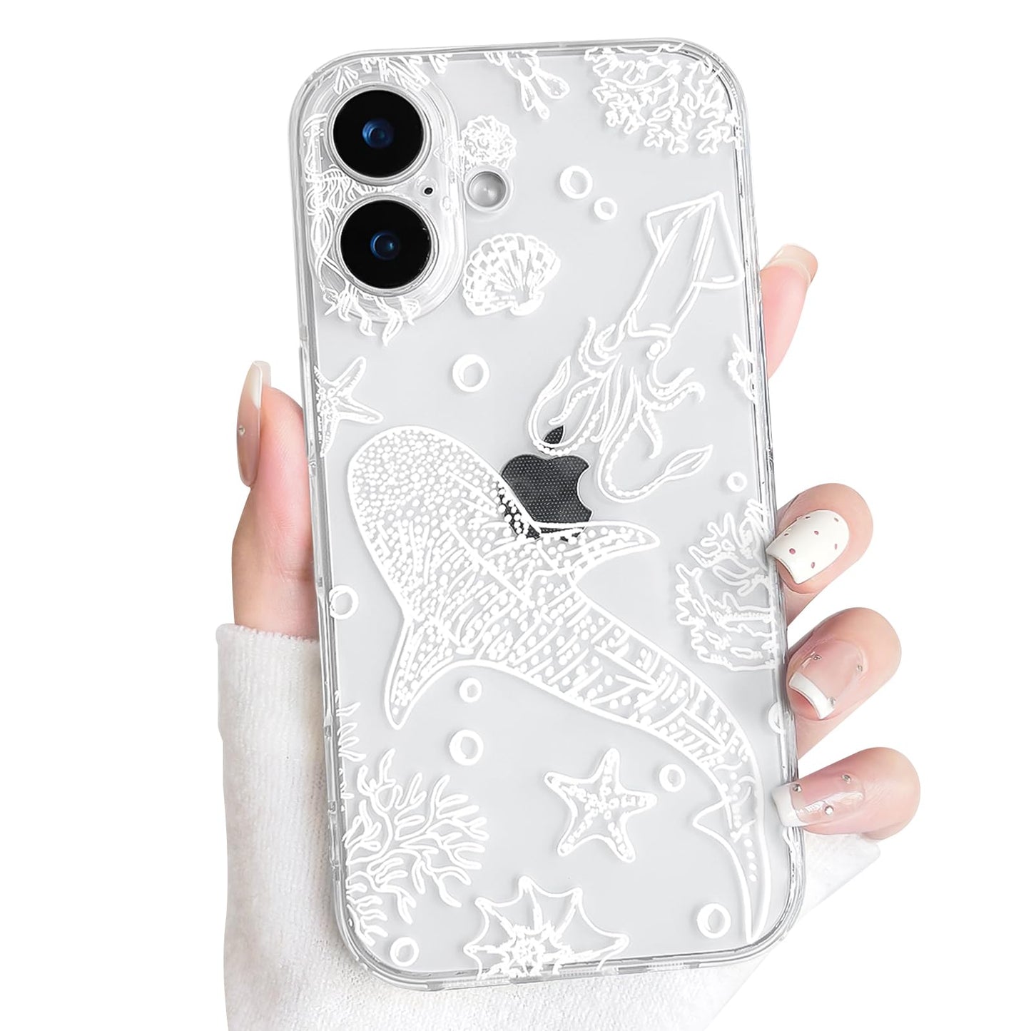 NITITOP Compatible with iPhone 16 Case Clear Sea - White Turtle | Cute, Shell whale ocean animal, For women men girls boys, Slim, Soft TPU, Shockproof