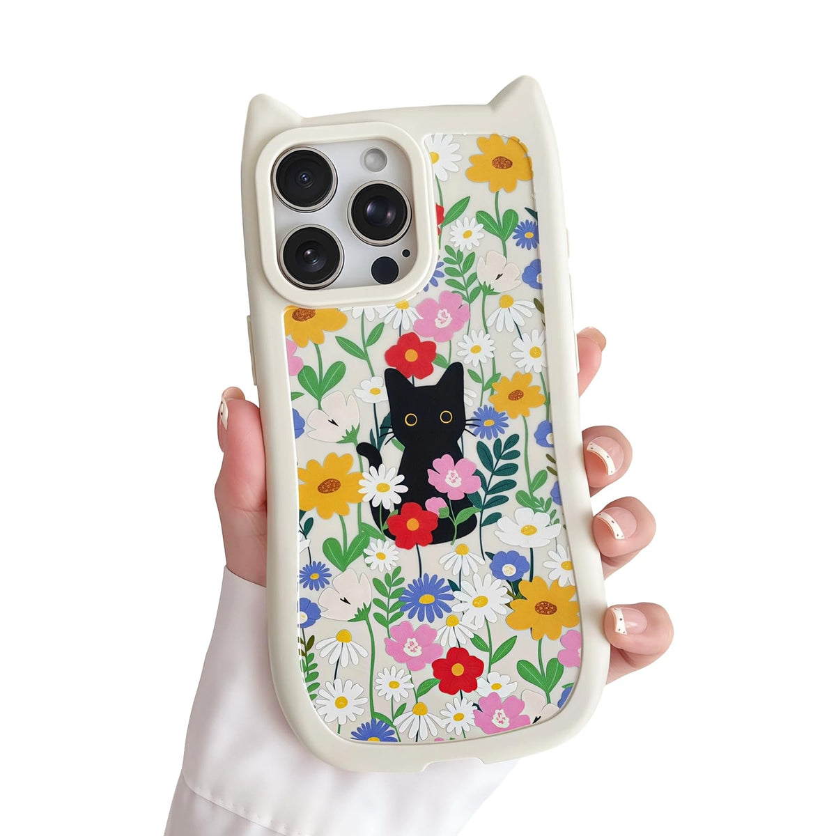 for iPhone 13 Phone Case, Cute 3D Cat Ears and Vintage Hand-Drawn Multi-Cats Heart Cartoon Pattern, with Cat Paw Buttons, Trendy Shockproof Soft Protective Phone Cover, Cat Ears