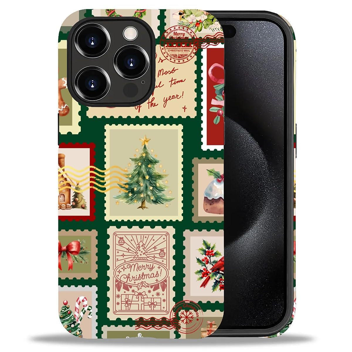 Case for iPhone 17,Drop Protection Hybrid 2-Layer Hard Phone Cover-Vintage Christmas Stamps Collage