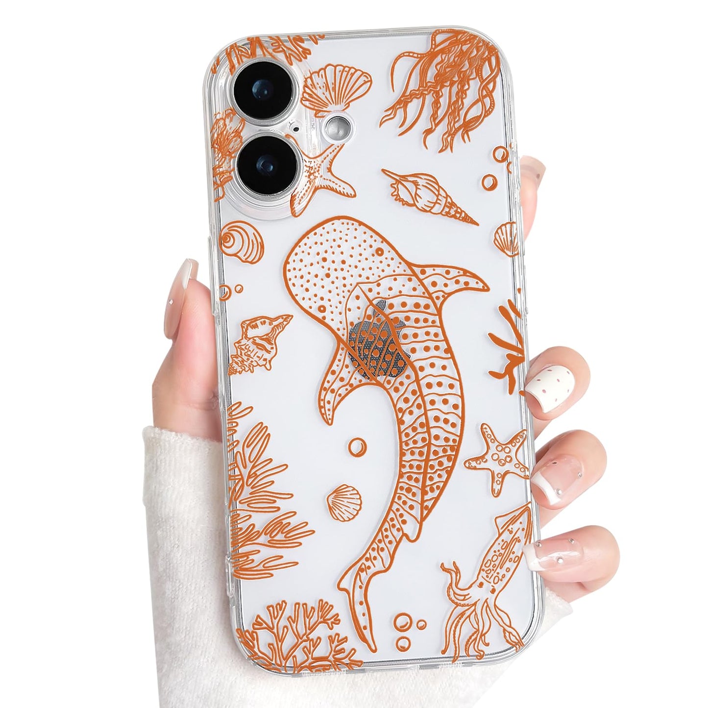 NITITOP Compatible with iPhone 16 Case Clear Sea - White Turtle | Cute, Shell whale ocean animal, For women men girls boys, Slim, Soft TPU, Shockproof