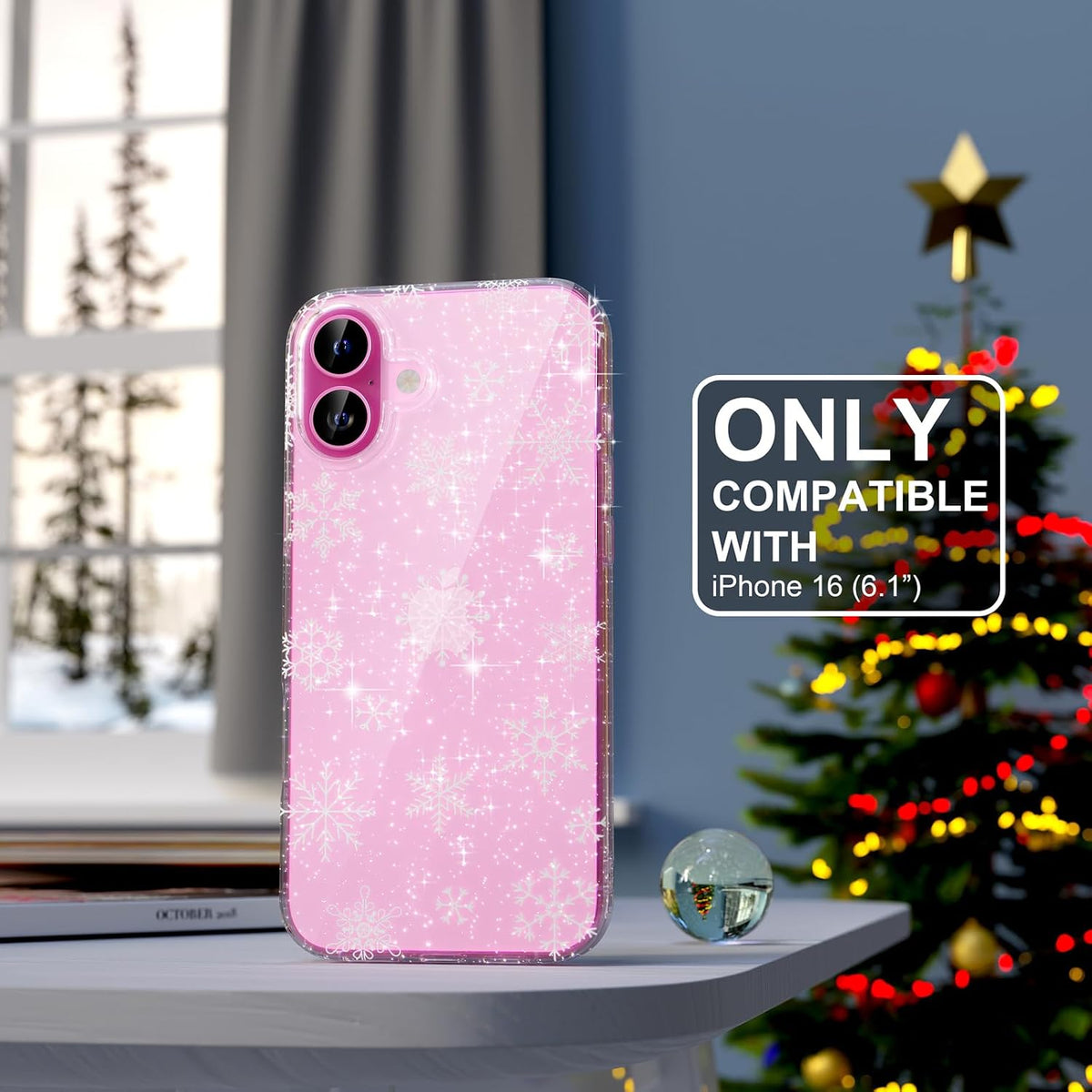 Choiche Compatible for iPhone 16 Case, Cute Glitter Sparkly Bling Christmas Phone Case, Military-Grade Drop Protection Shockproof Cover for Women Girls (Glitter Snowflake)