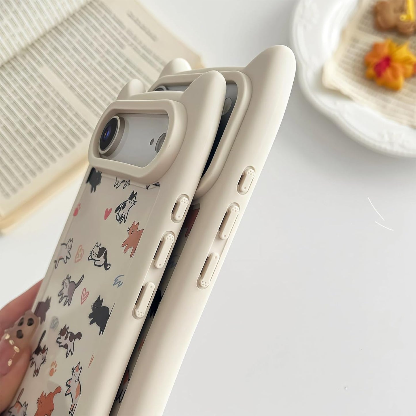 for iPhone 13 Phone Case, Cute 3D Cat Ears and Vintage Hand-Drawn Multi-Cats Heart Cartoon Pattern, with Cat Paw Buttons, Trendy Shockproof Soft Protective Phone Cover, Cat Ears