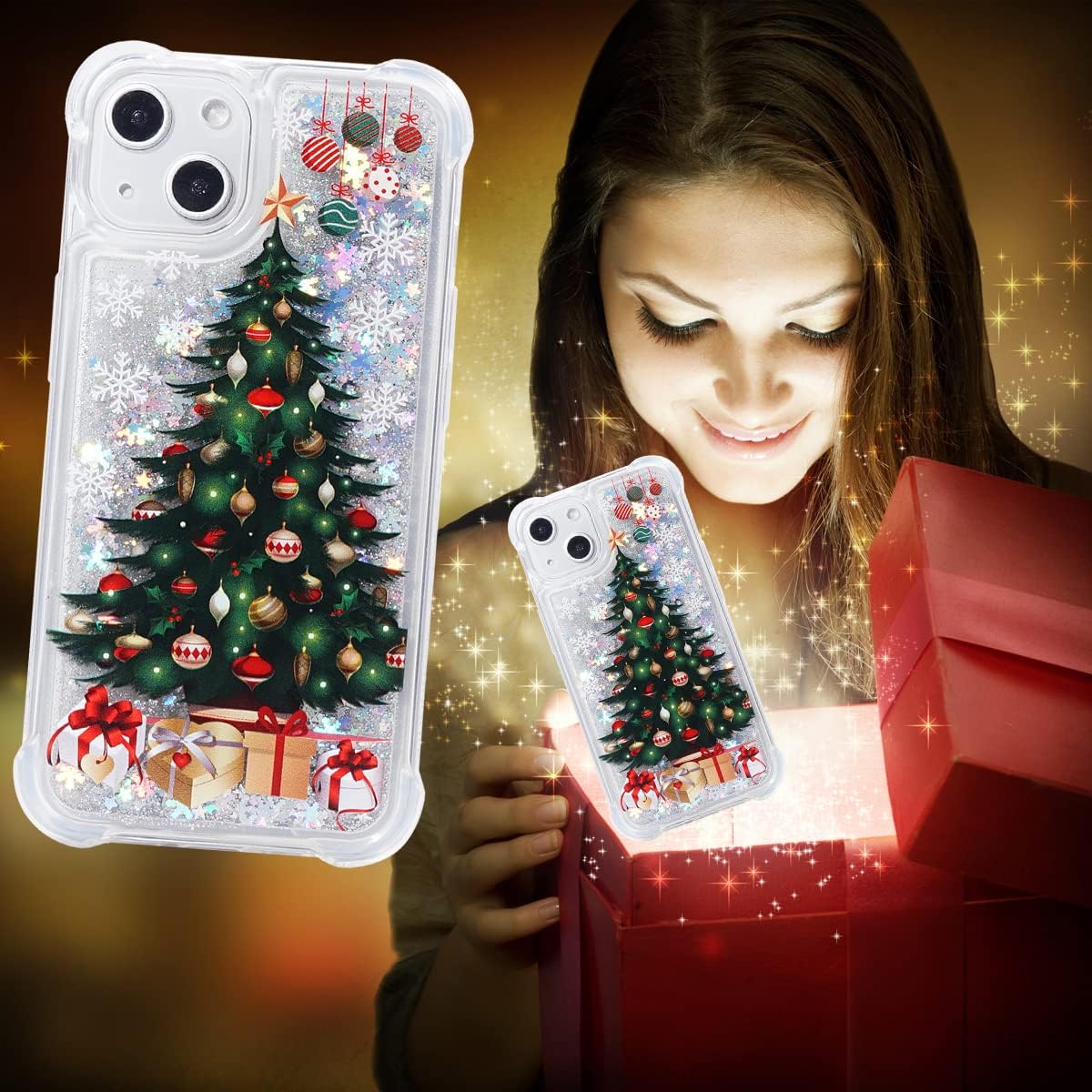 Glitter Christmas Case Compatible with iPhone 14 Glitter Case Christmas Tree Clear Soft TPU Rubber Bumper Girly Women Cute Liquid Holiday Case for iPhone 14 (Christmas Tree)