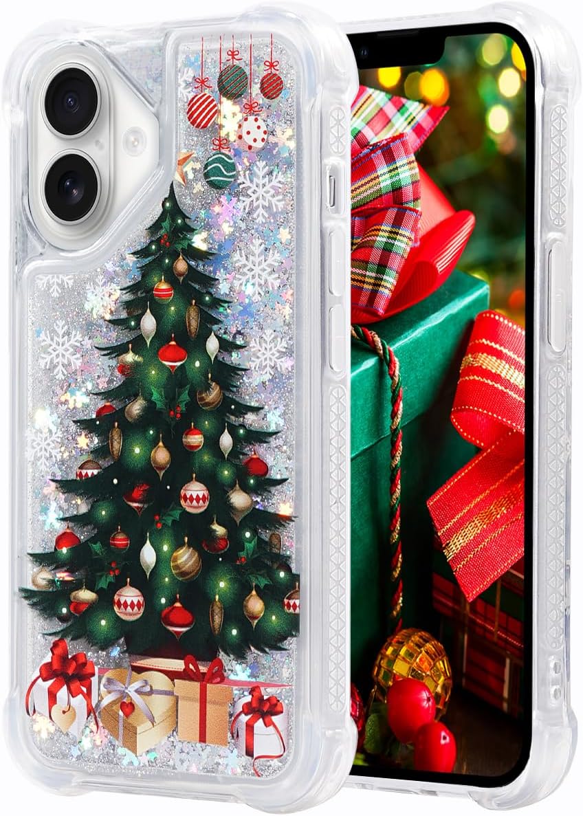 Glitter Christmas Case Compatible with iPhone 16 Bling Sparkle Floating Liquid Luxury Fashion Girly Women Cute Holiday Case for iPhone 16 (Christmas Tree)