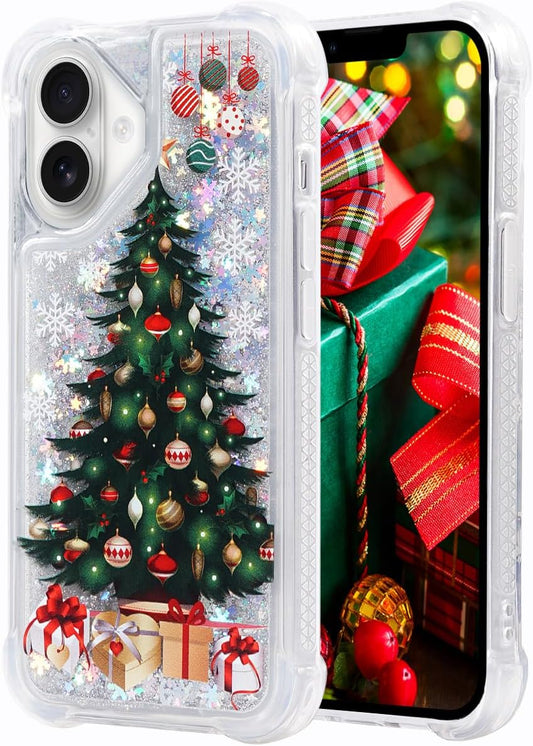 Glitter Christmas Case Compatible with iPhone 16 Bling Sparkle Floating Liquid Luxury Fashion Girly Women Cute Holiday Case for iPhone 16 (Christmas Tree)