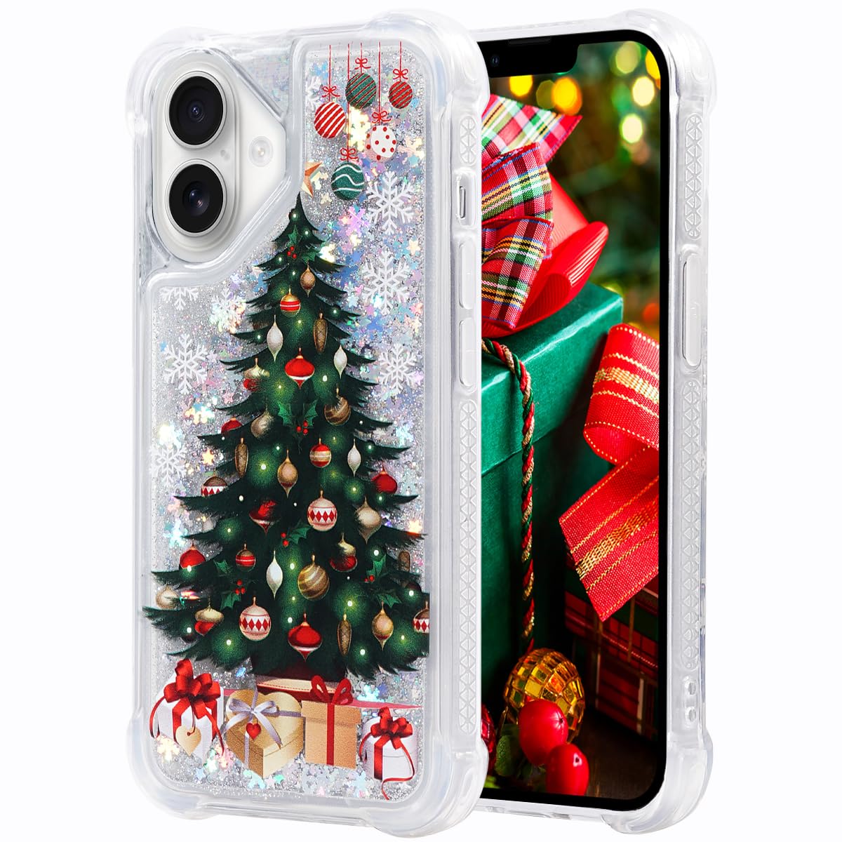 Glitter Christmas Case Compatible with iPhone 16 Bling Sparkle Floating Liquid Luxury Fashion Girly Women Cute Holiday Case for iPhone 16 (Christmas Tree)