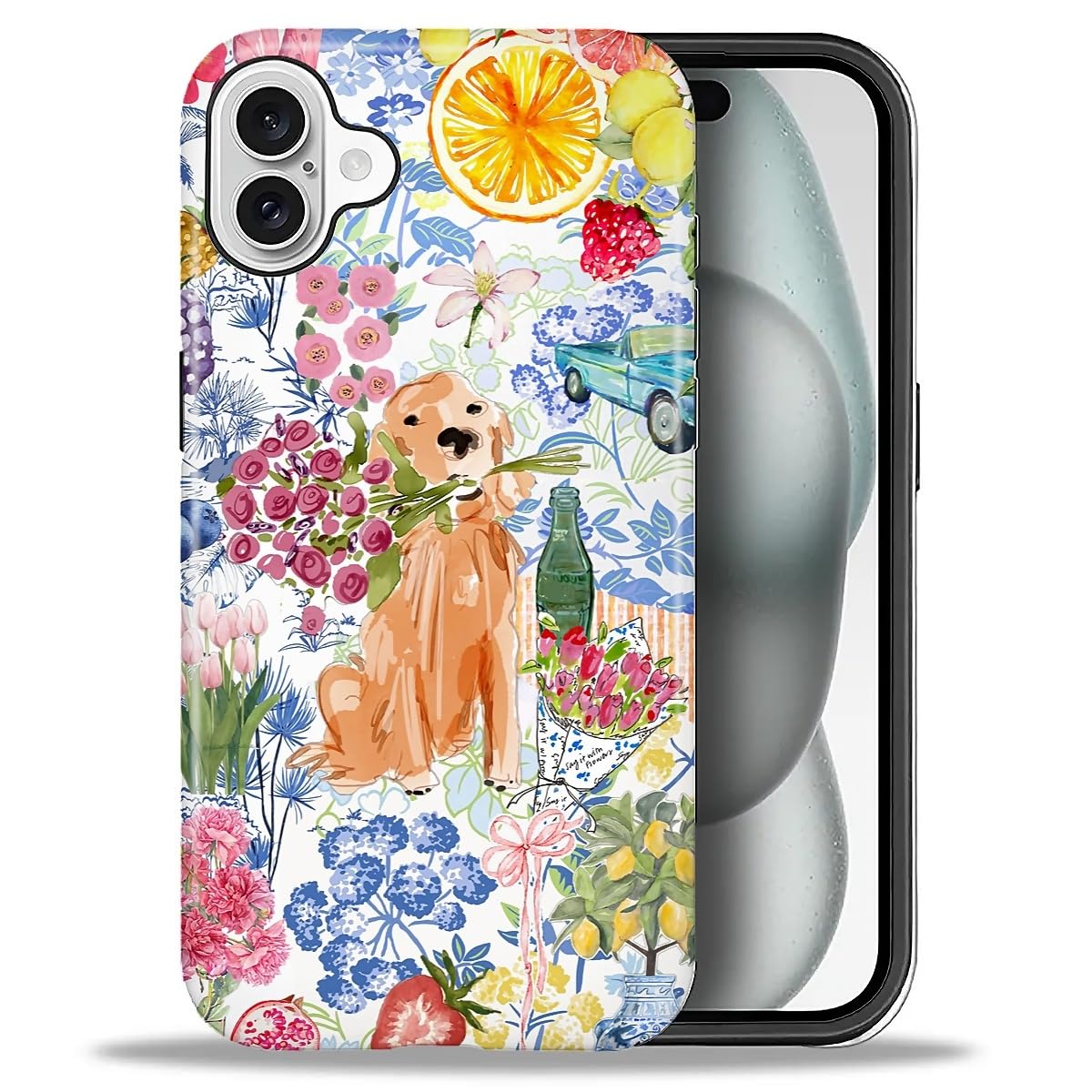 for iPhone 13/14 Case,Hybrid 2-Layer Hard Shell + Silicone Protective Case -Resistant Shockproof- Ally's Dog's Cute College Summer Flower Collage