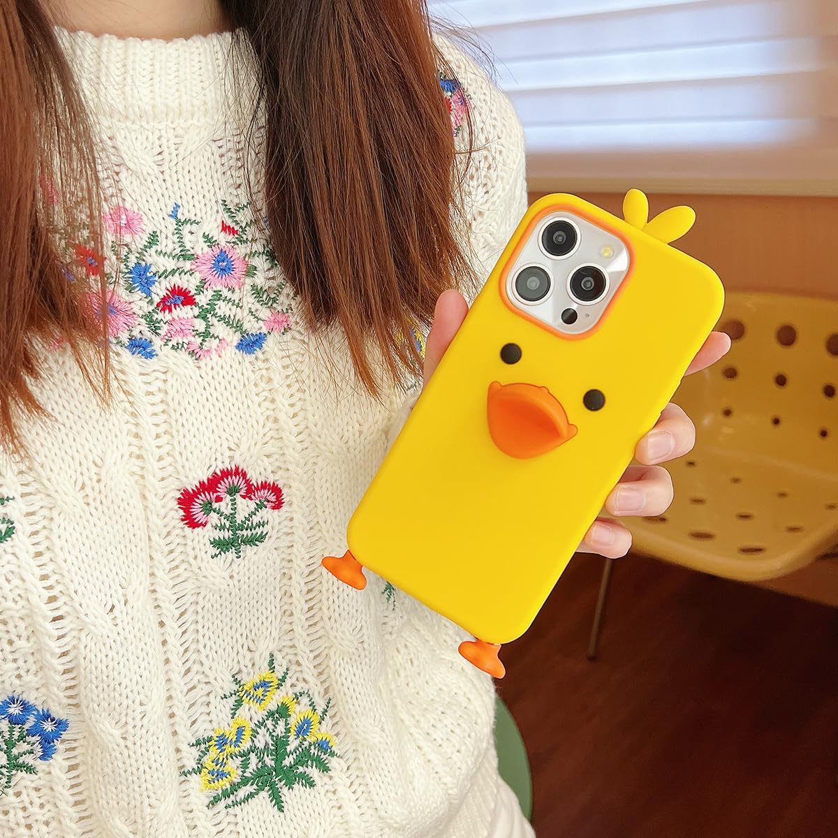 3D Duck Case,Cartoon Cute Kawaii Lovely Character Yellow Duck Shape Kids Teens Girls Women Soft Silicone Case for iPhone 13 Pro/14 Pro/15 Pro 6.1 inch