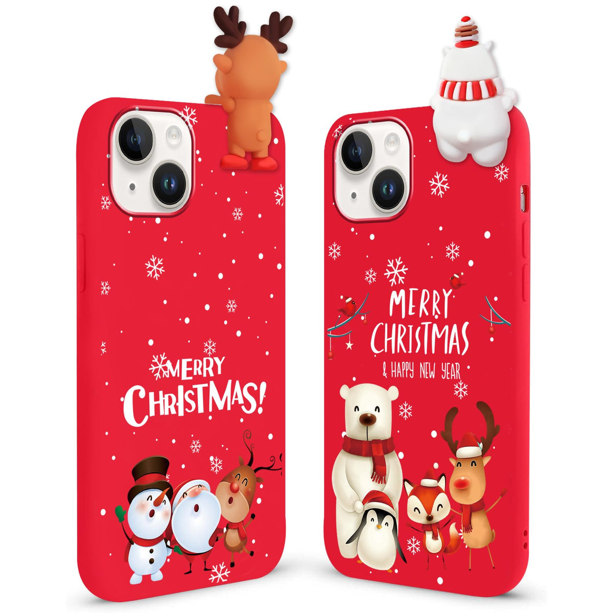 2 Pack Cute Christmas Case for iPhone 13/14",Red 3D Doll Snowman Elk Merry Christmas Pattern Soft Silicone TPU Pretty Flexible Protective Funda for Kid Girls Women