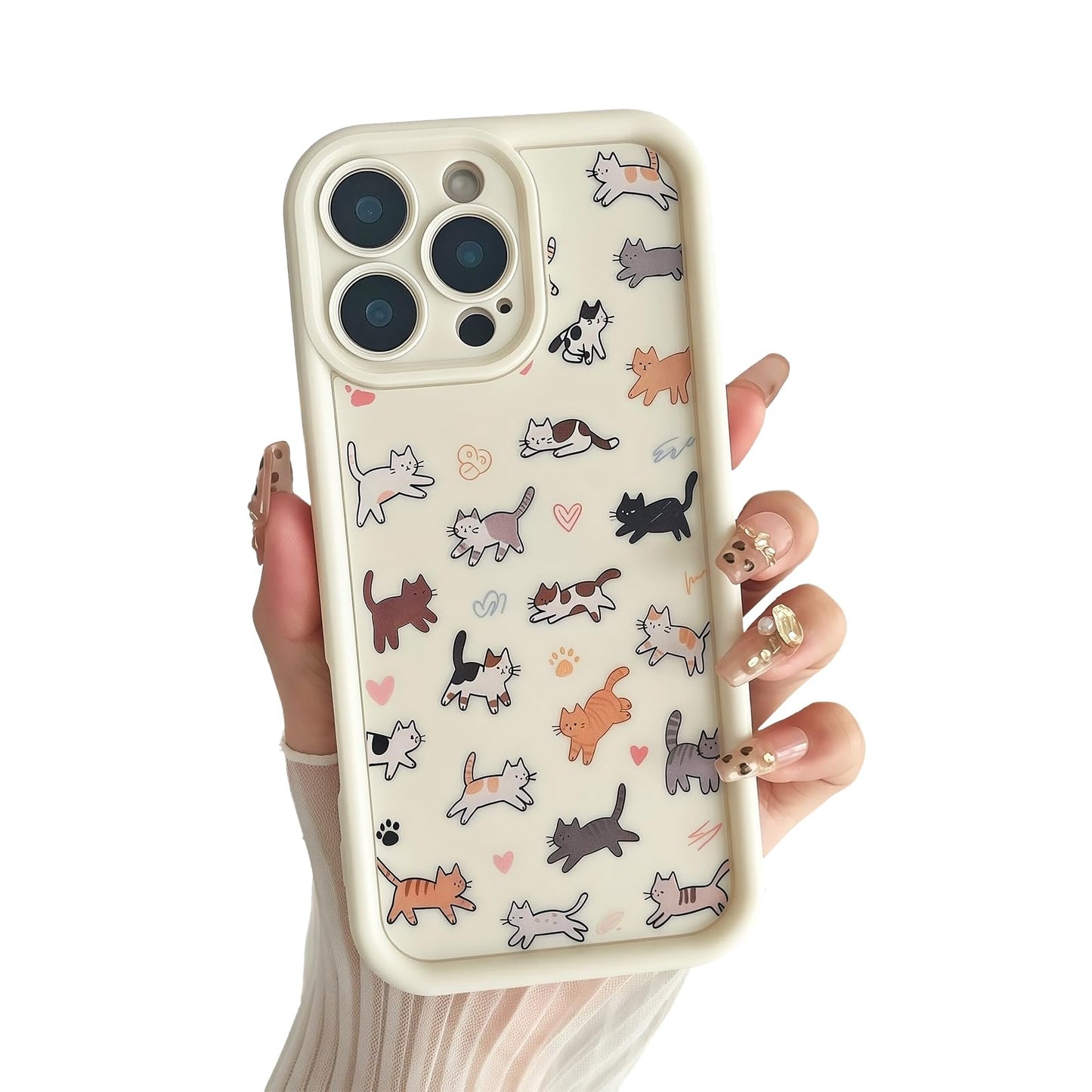 for iPhone 13 Phone Case, Cute 3D Cat Ears and Vintage Hand-Drawn Multi-Cats Heart Cartoon Pattern, with Cat Paw Buttons, Trendy Shockproof Soft Protective Phone Cover, Cat Ears