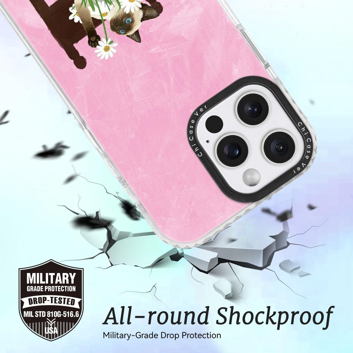 for iPhone 13 & iPhone 14 Case, Watercolor Siamese Cat Daisy Pattern with Blue Eyes, Military-Grade Drop Protection, Cute Pet Soft TPU Protective Cover with Camera Control for Girls Teens
